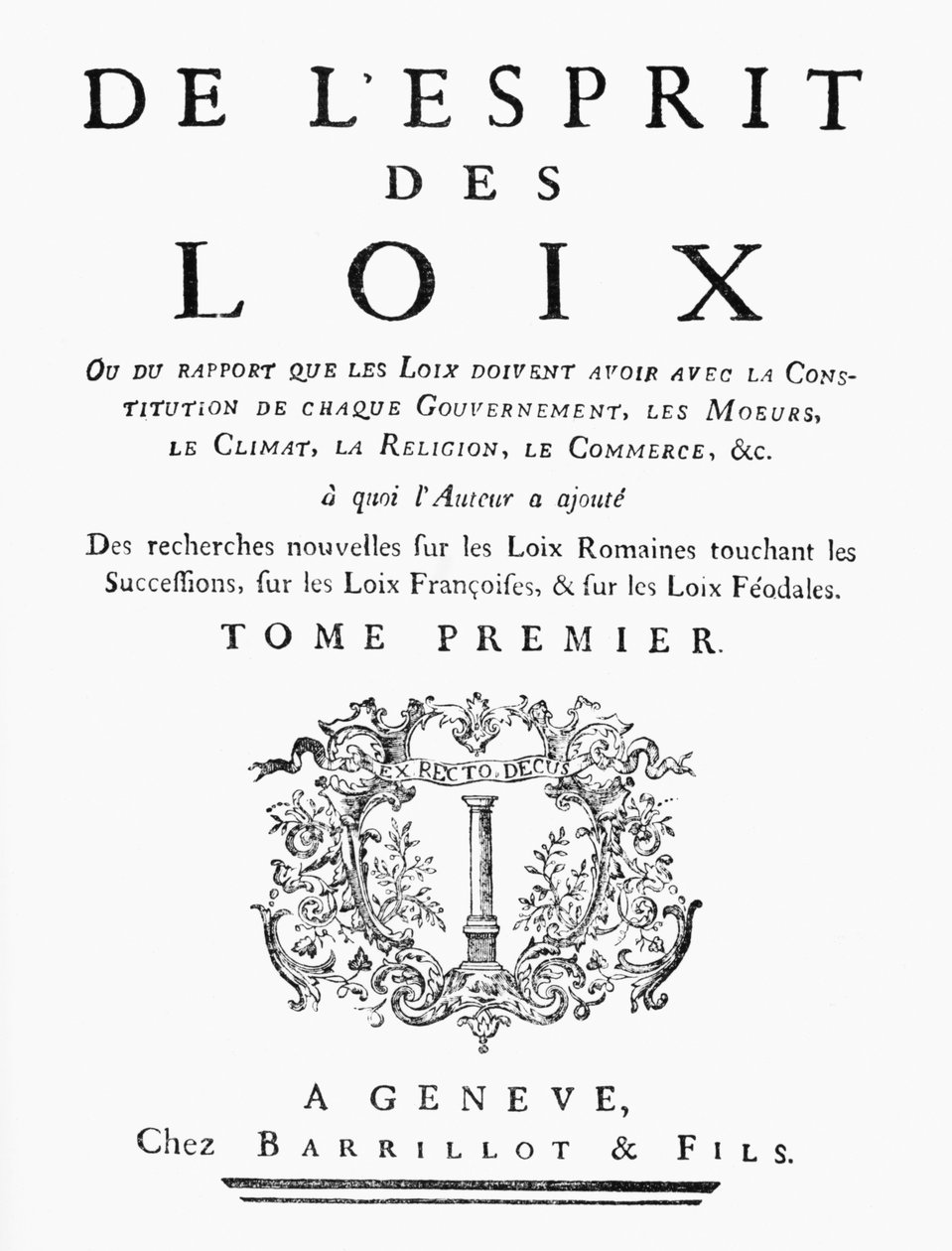 Titulní strana knihy De LEsprit des Loix od Charlese de Montesquieu (1689-1755) 1748, vydáno v Ženevě od French School