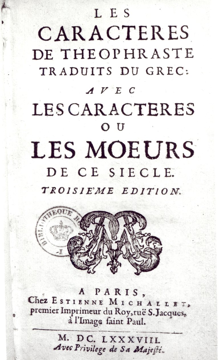 Titulní strana Les Caracteres de Theophraste přeložená z řečtiny, s Les Caracteres ou les moeurs de ce siecle od La Bruyere (1645-96) 1688 od French School