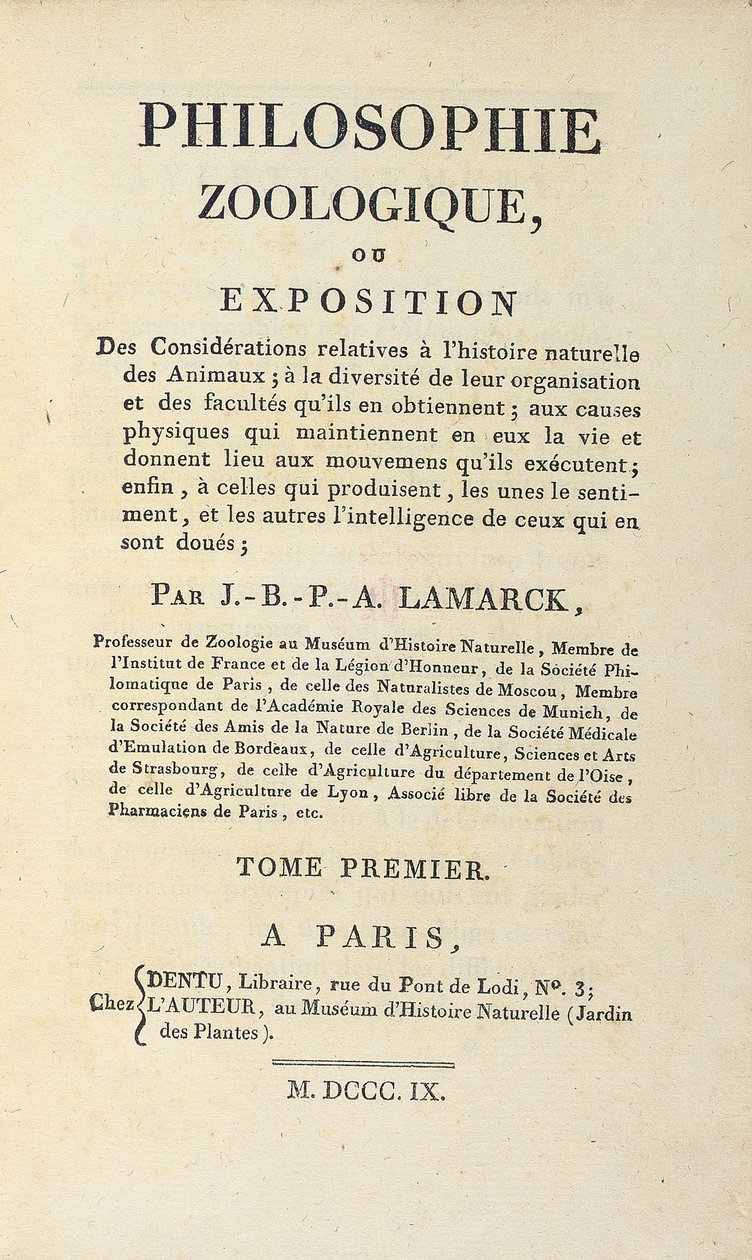 Titulní strana "Zoologické filozofie" od Jean-Baptiste Lamarcka, vydané v Paříži, 1809 od French School