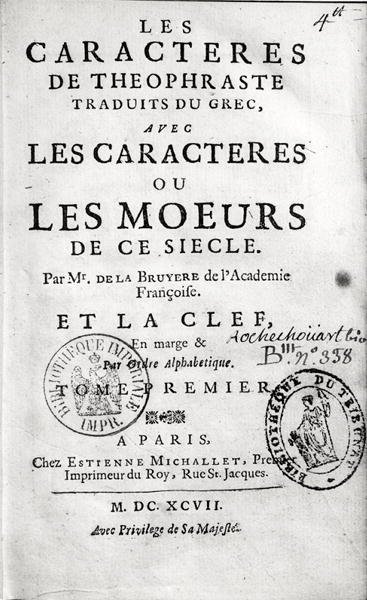 Titulní strana Theophrastus Les Caractères ou les Moeurs přeložil Jean de la Bruyere (1645-96) 1697 od French School