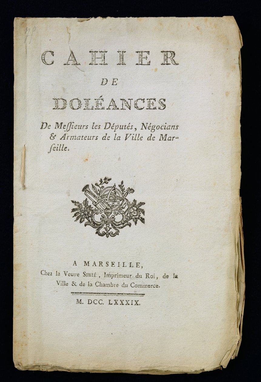 Titulní strana Knihy stížností zástupců, obchodníků a rejdařů z Marseille, 1789 od French School