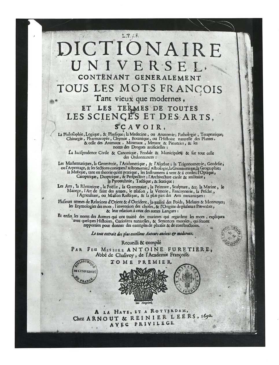 Titulní strana Dictionnaire Universel od Antoine Furetiere (1619-88) 1690 (tisk) od French School