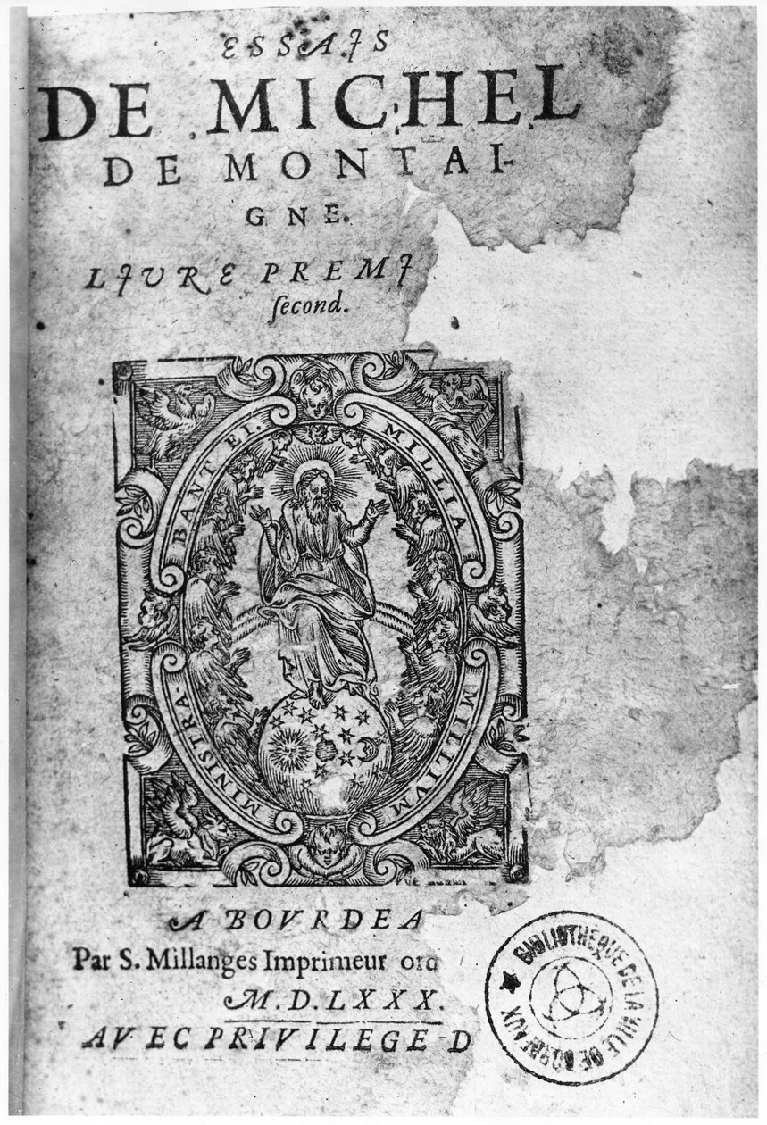 Titulní strana prvního vydání Essais od Michela de Montaigne (1533-92) 1580 od French School