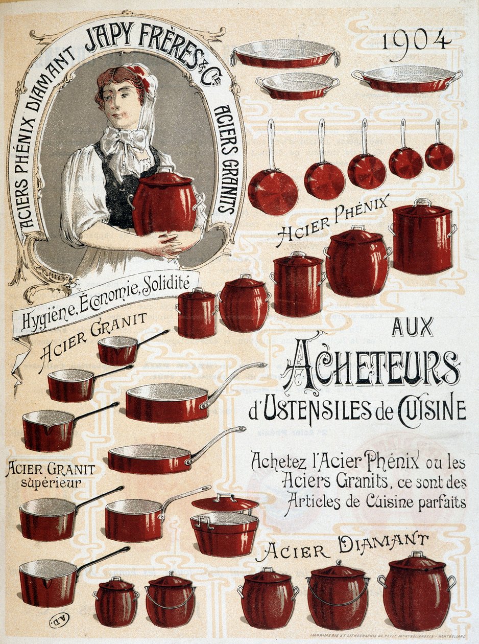 Pro kupující kuchyňského náčiní. Kupte si Phenix Steel nebo Granite Steel, to jsou perfektní kuchyňské předměty - Reklamní štítek od French School
