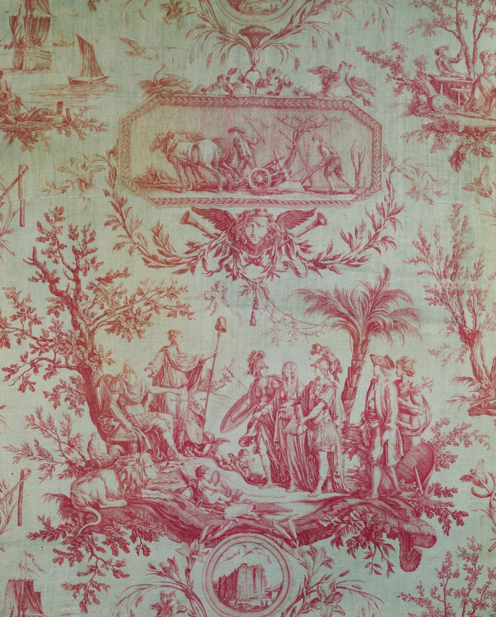 Toile de Jouy (podle návrhů Jean-Baptiste Huet 1772-1793), Ilustrující alegorii Ludvíka XVI. (1754-1793), francouzského krále, obnovitele svobody v únoru 1790 (tištěná bavlna) od French School