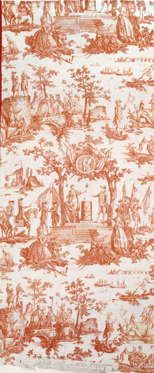 Toile de Jouy, ilustrace Slavnosti federace 14. července 1790 na Champs de Mars (tištěná bavlna) od French School