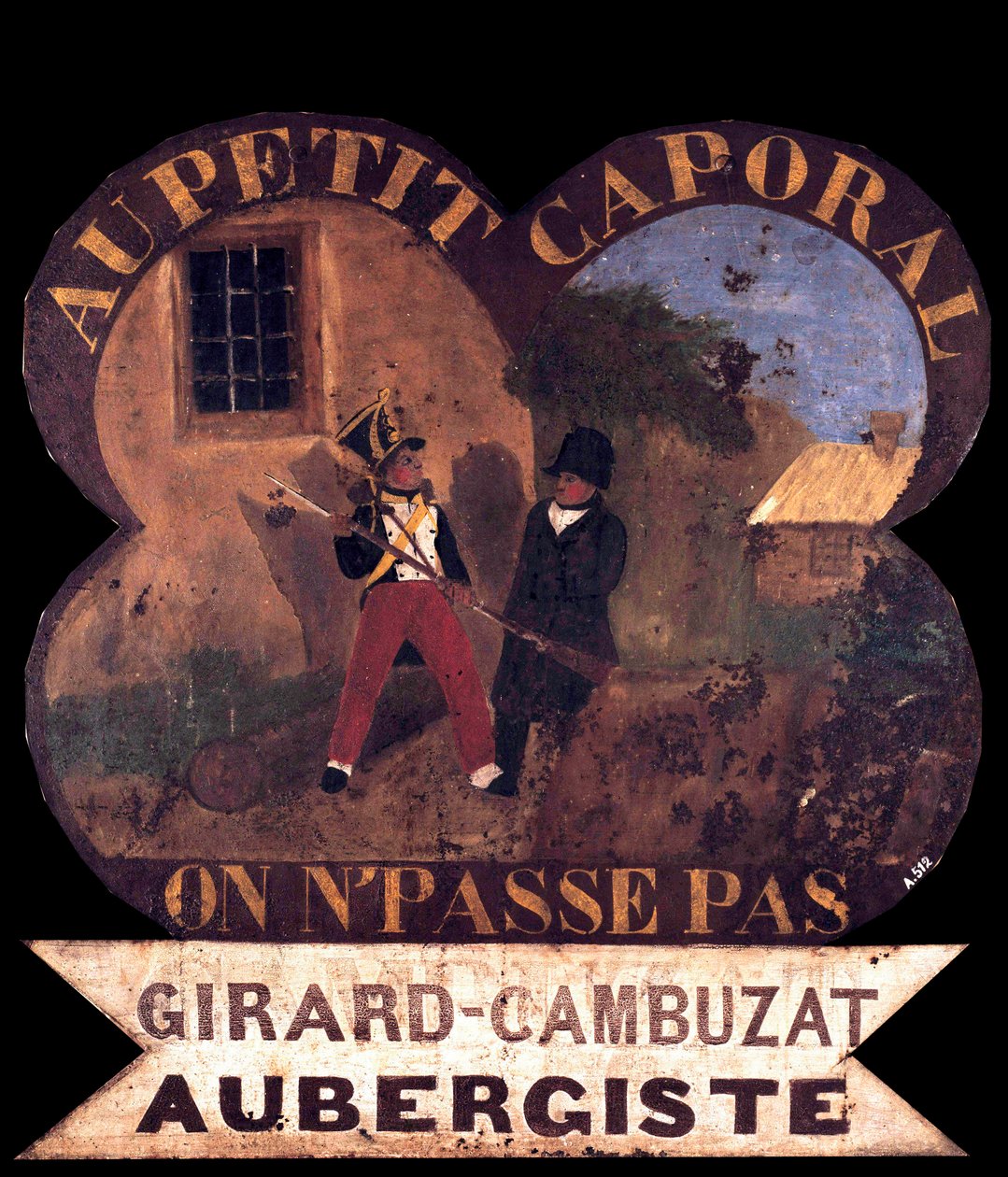 Cedule hostince Tole „“K kaprálovi“““ 1850 asi s Napoleonem I. Ostrov Aix, Napoleonské muzeum od French School