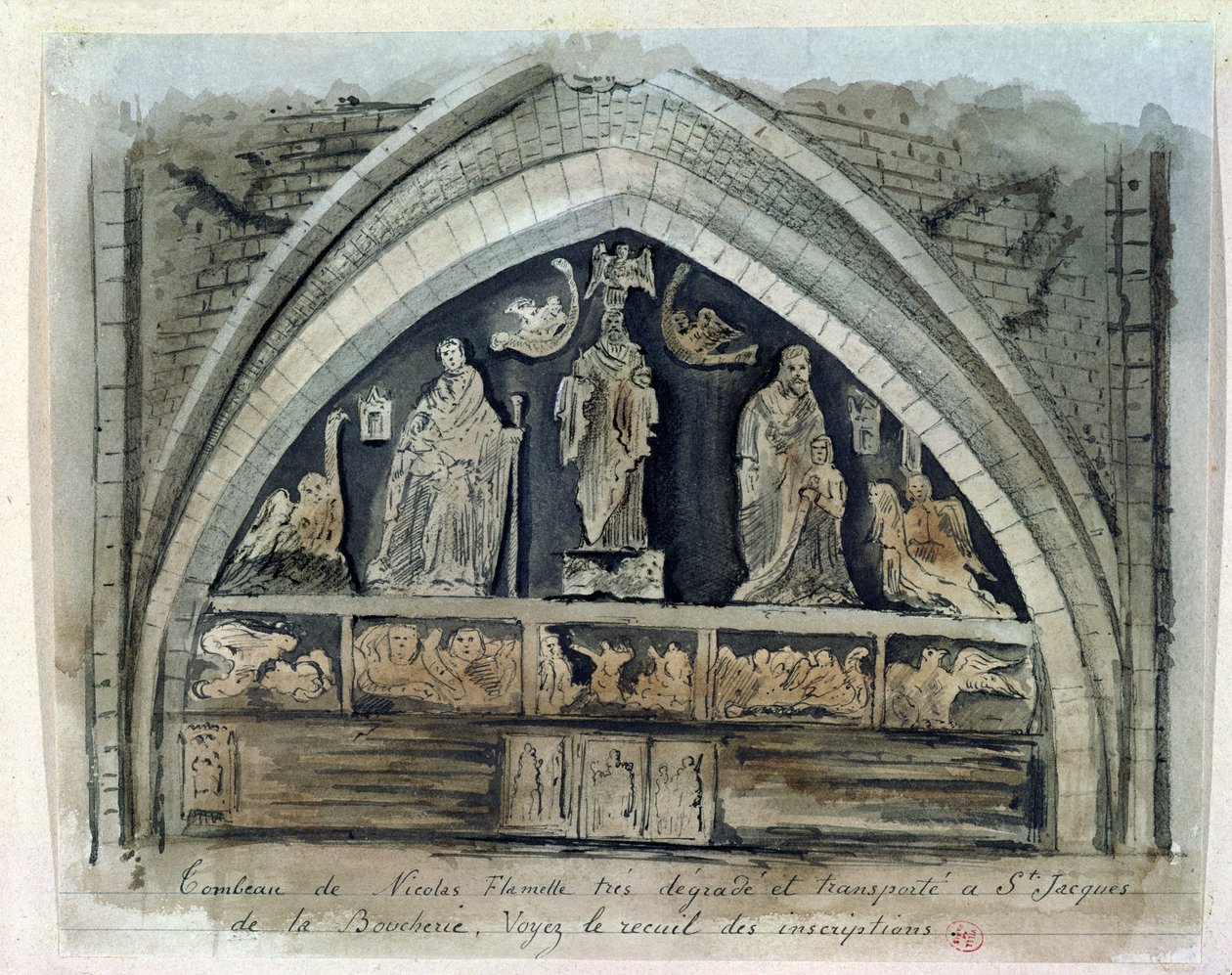 Hrob Nicolase Flamela (asi 1330-1418) na Cimetiere des Innocents (wc na papíře) od French School