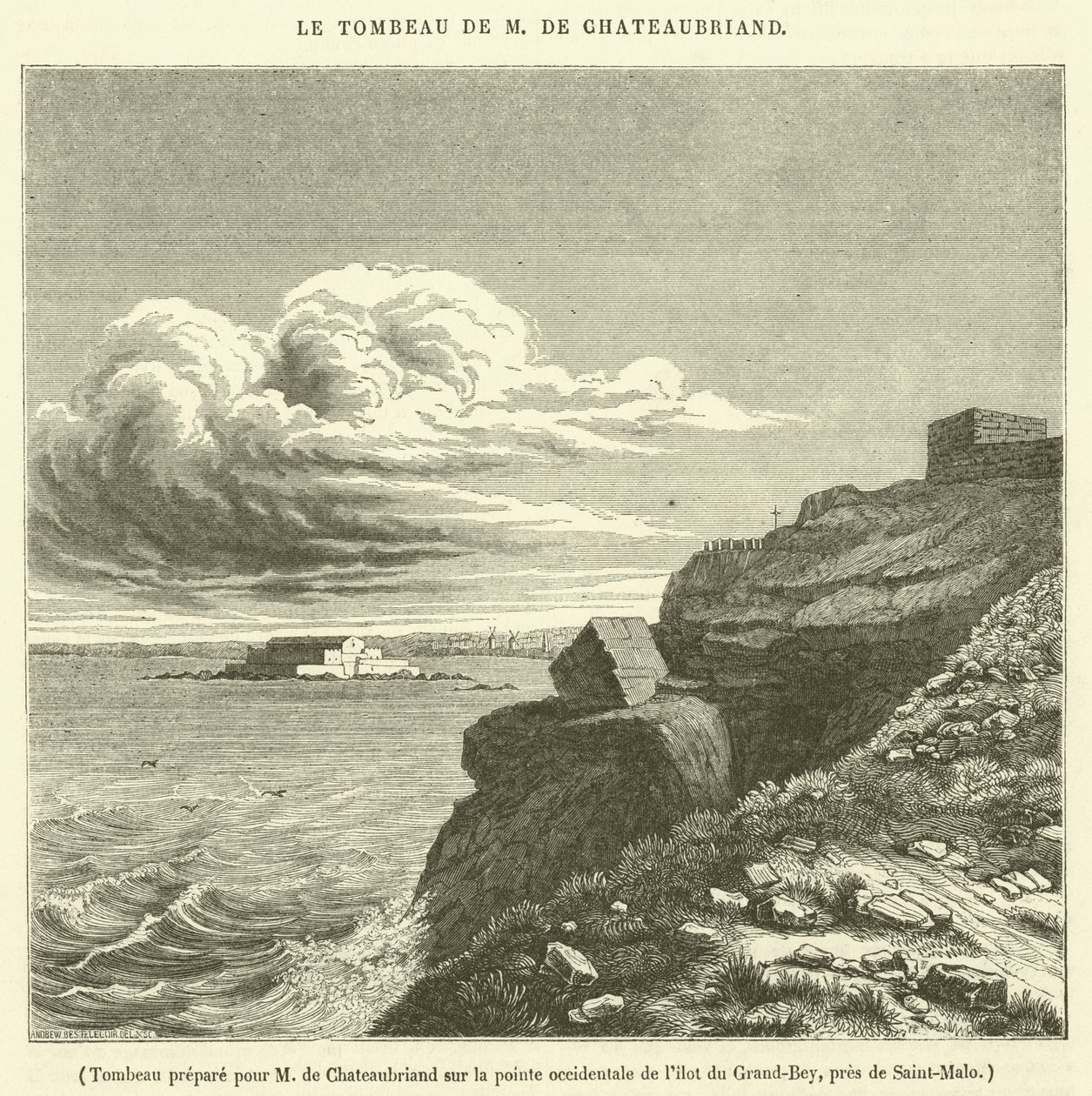 Hrobka připravená pro M. de Chateaubrianda na západním cípu ostrova Grand-Bey u Saint-Malo (rytina) od French School