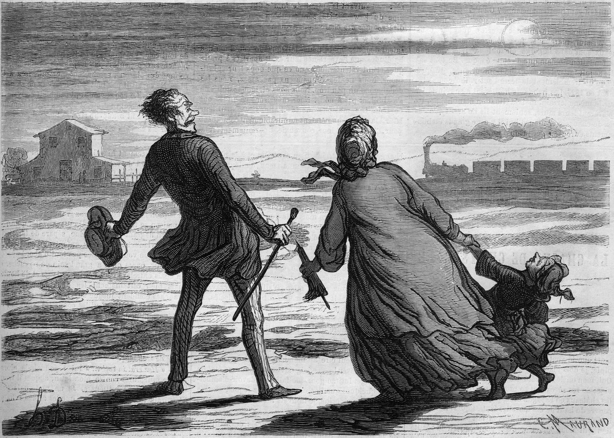 Příliš pozdě! : rodině právě ujel vlak. Kreslený film Honore Daumier (1808-1879). Rytina v „“ Le Monde Illustré““ č. 286 ze 4. října od French School