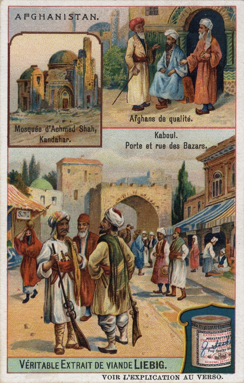 Nahoře: Mešita Achmed Shah v Kandaháru a portréty bohatých Afghánců. Dole: Kábulský bazar v Afghánistánu. Reklamní chromolitografie 19. století. od French School