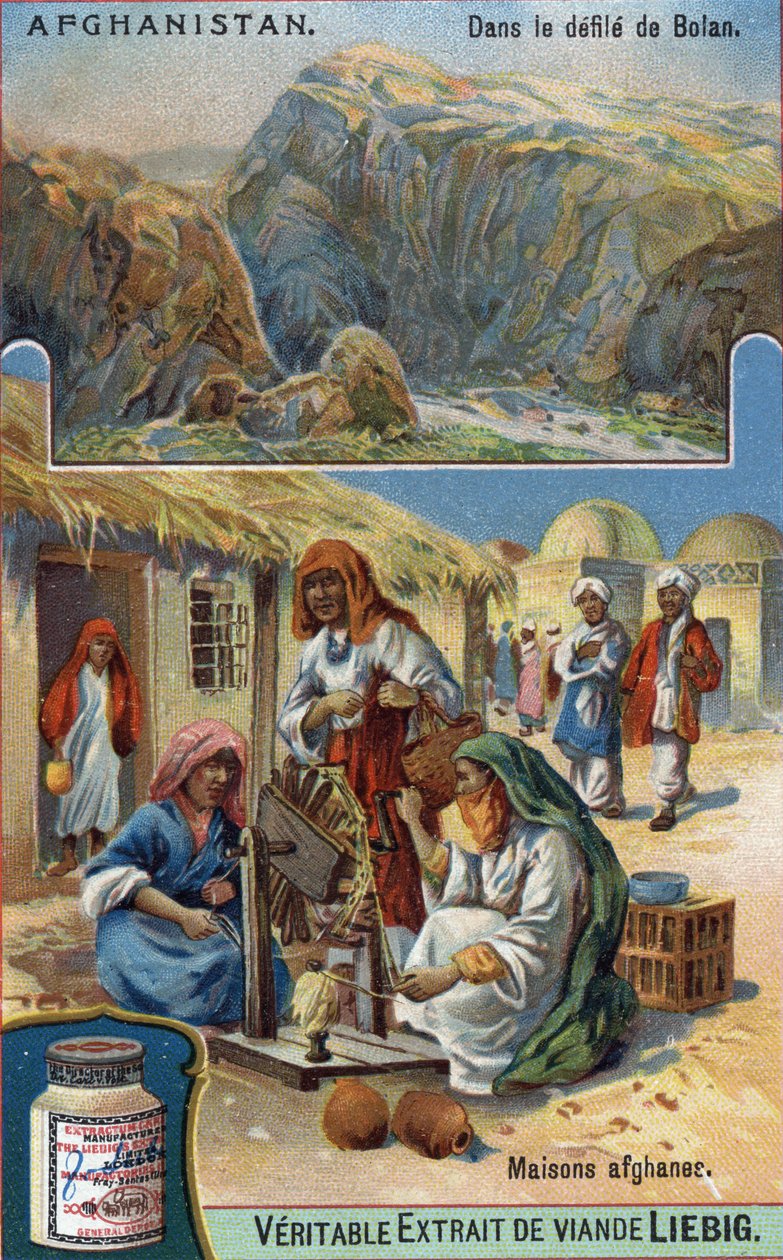 Nahoře: Bolanská přehlídka v Afghánistánu. Dole: Afghánské ženy tkající vlnu před svými domy. Chromolitografie 19. století. od French School