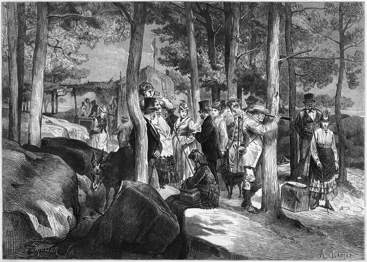 Turisté v soutěskách Apremont, poblíž vchodu do jeskyně, v lese Fontainebleau od French School