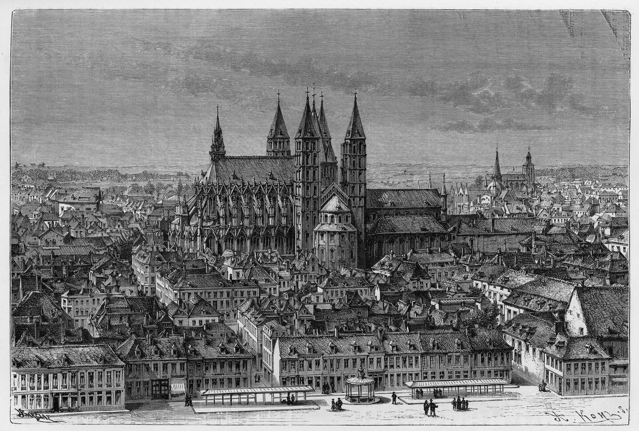 Tournai: vnější pohled na Notre-Dame (Notre Dame) a panorama města. Rytina od Barclaye pro ilustraci příběhu „Belgie“, Camille Lemonnier (1844-1913), belgická spisovatelka. Publikováno v Le Tour du monde, nouveau journal des voyages, 2. semestr od French School