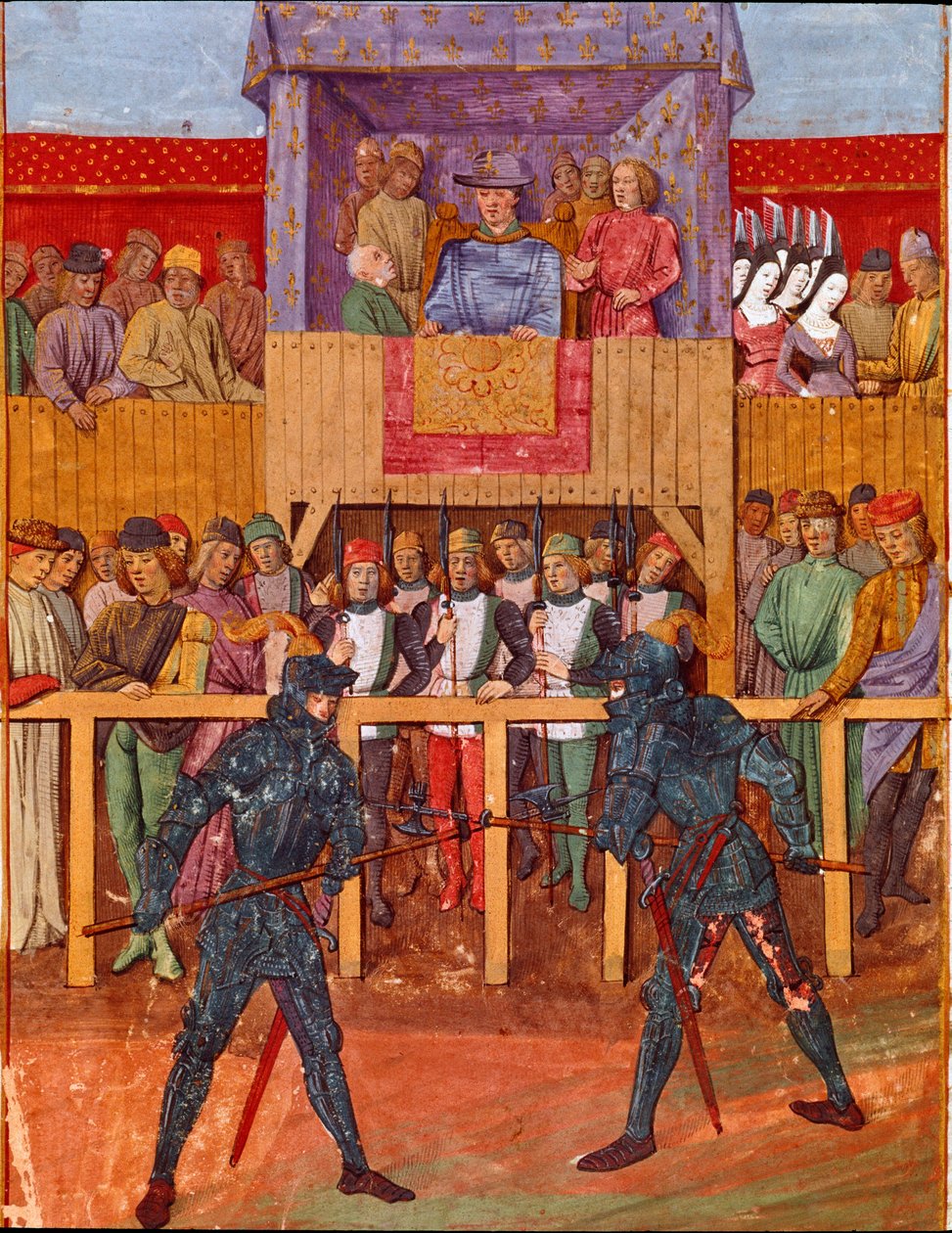 Turnajová scéna proti dvěma rytířům v miniaturním brnění z „Le Jouvencel“ od Jeana V de Bueila (1406-1477) od French School