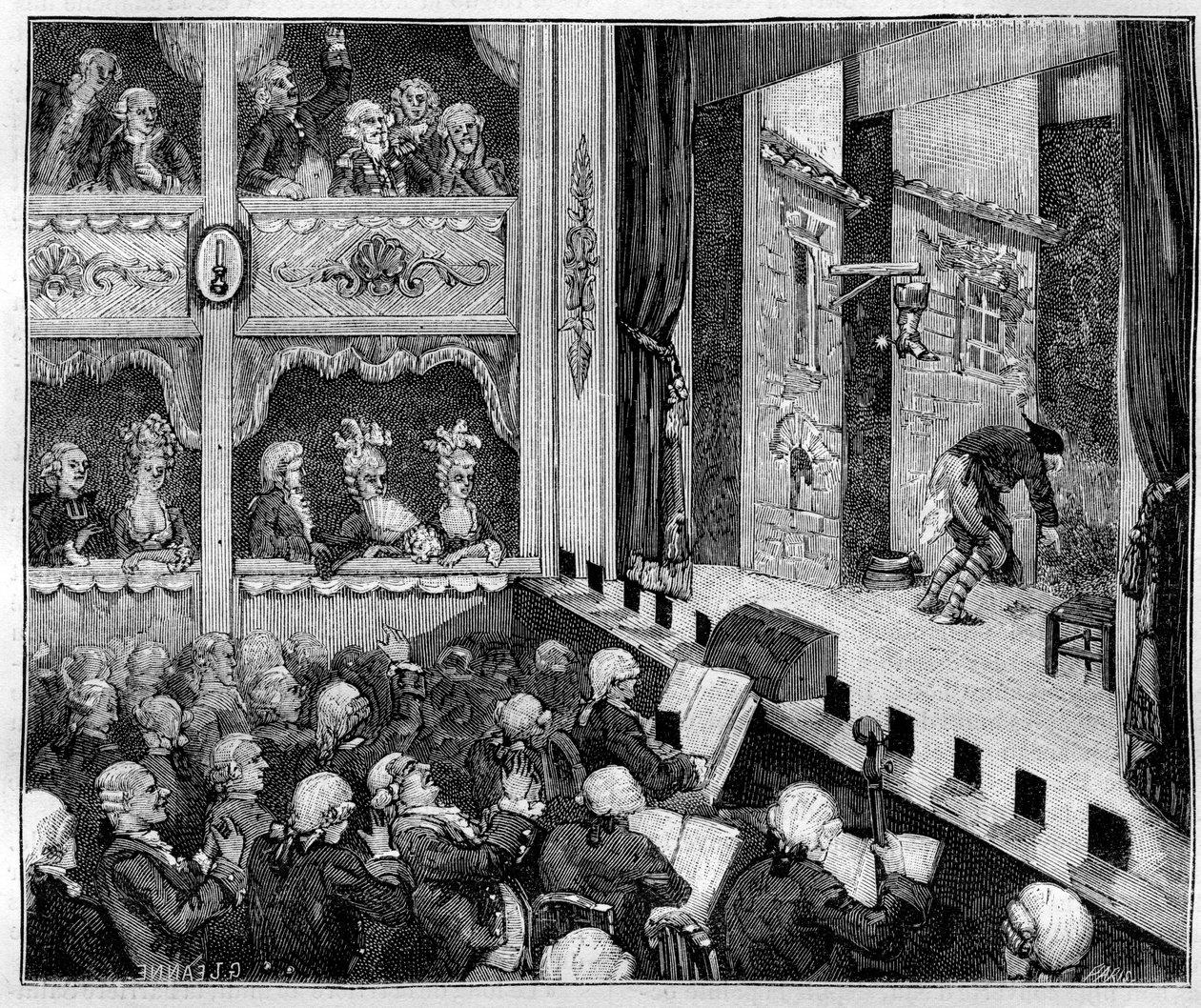 Toussaint-Gaspard Taconet (Toussaint Gaspard), komický herec (1730-1774) v show Jean-Baptiste Nicoleta (1728-1796) - ilustrace v „Paříž v průběhu staletí“ od Kennouillaca od French School