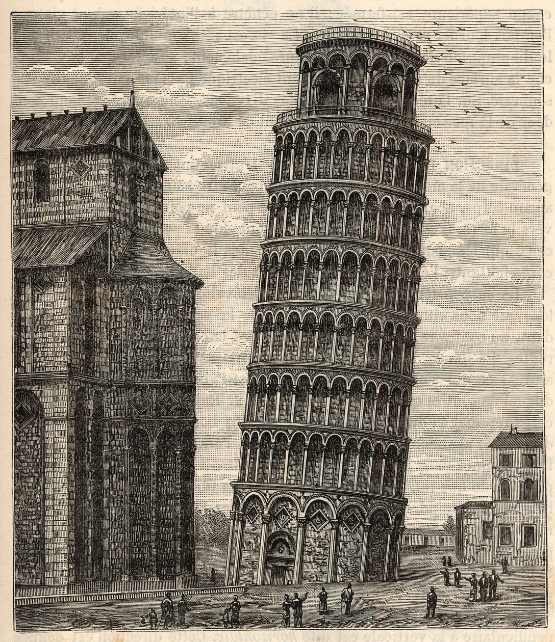 Věž v Pise - Torre di Pisa - Tour de Pisa - rytina v „“ Vědy přinesené každému - Populární fyzika a chemie“ od Alexise Clerca - Konec 19. století - Soukromá sbírka od French School