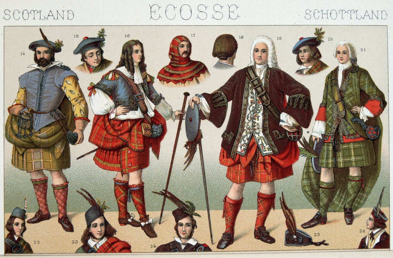 Tradiční skotské kostýmy - v ""Le Kostým historique"" od Racinet od French School