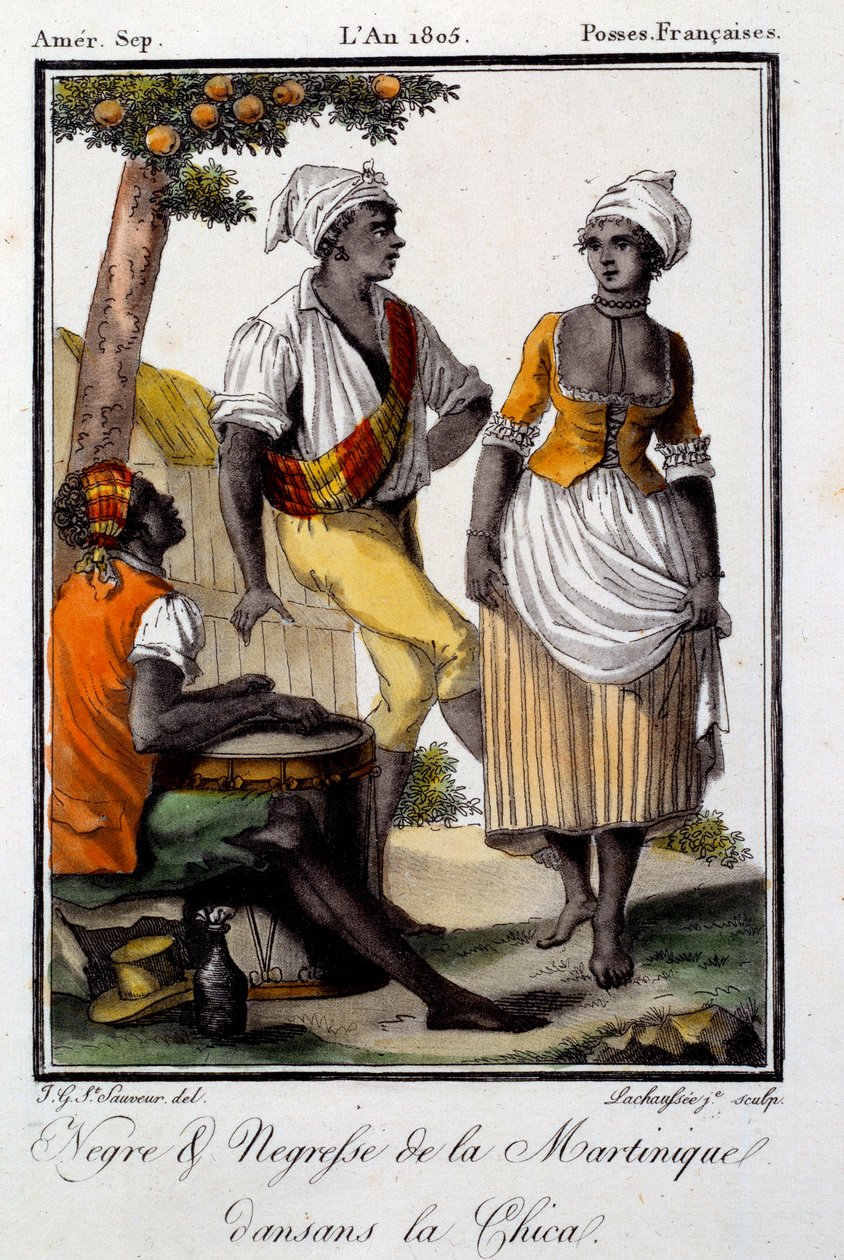 Tradiční tanec: obyvatelé Martiniku tančí chica. Rytina z roku 1805. Chartres, Museum of Fine Arts od French School