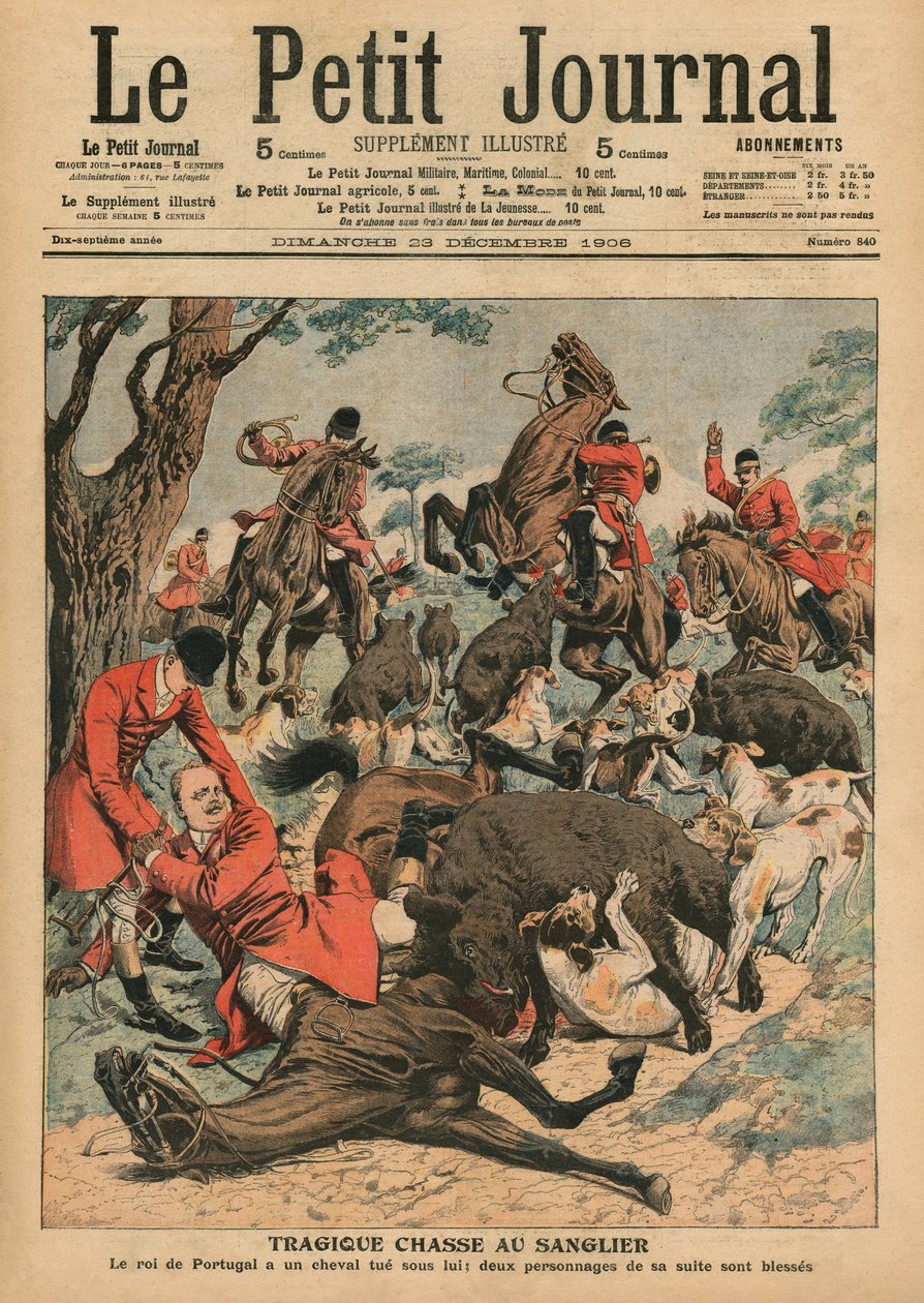 Tragický hon na kance, kůň Carlose I., portugalského krále, je pod ním zabit, ilustrace přední obálky z 