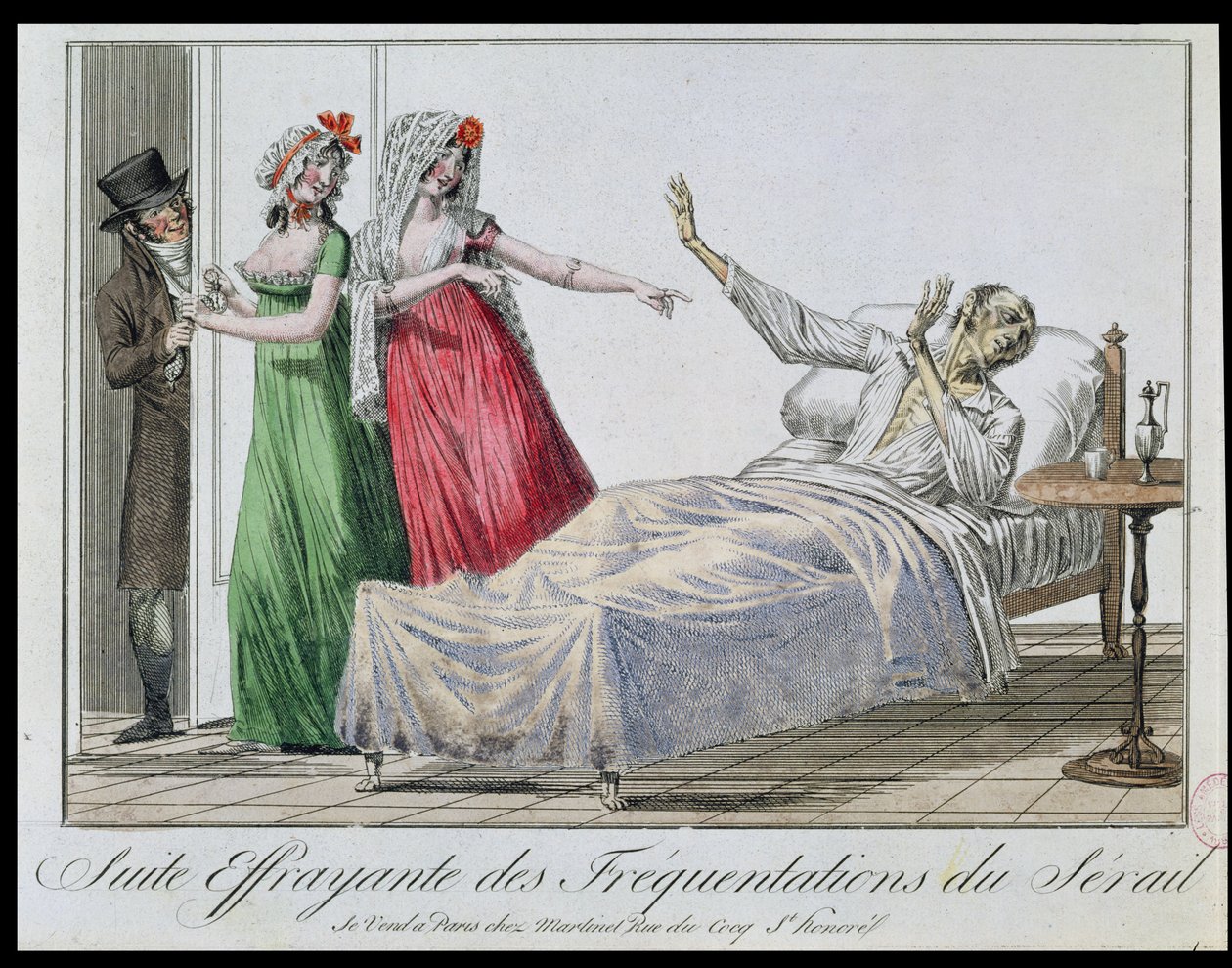 Tragický následek návštěvy nevěstinců, karikatura syfilitika, kolem 1800 (barevná rytina) od French School