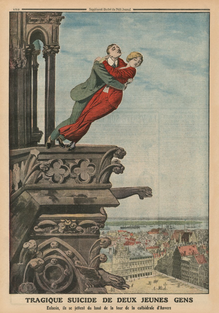 Tragická sebevražda dvou mladých lidí z věže katedrály v Antverpách, ilustrace na zadní straně obálky z 