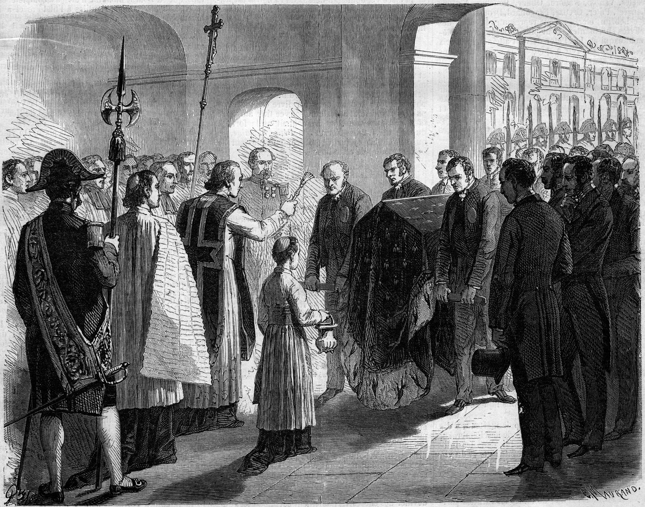 Přenesení popela Josefa Bonaparta (1768-1844), tehdejšího španělského krále Neapole a bratra Napoleona I., do kostela Invalidovny v Paříži od French School