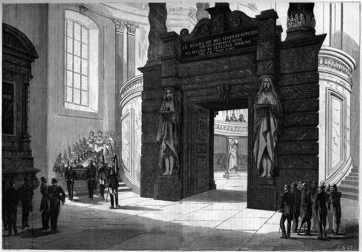 Přenesení popela Napoleona I. (1769-1821) z kaple svatého Jeronýma do hrobky postavené pod kupolí Invalidovny. Paříž, 2. dubna 1861. Rytina v „“ Le Monde Illustré““ č. 209 ze dne 13. dubna 1861. od French School