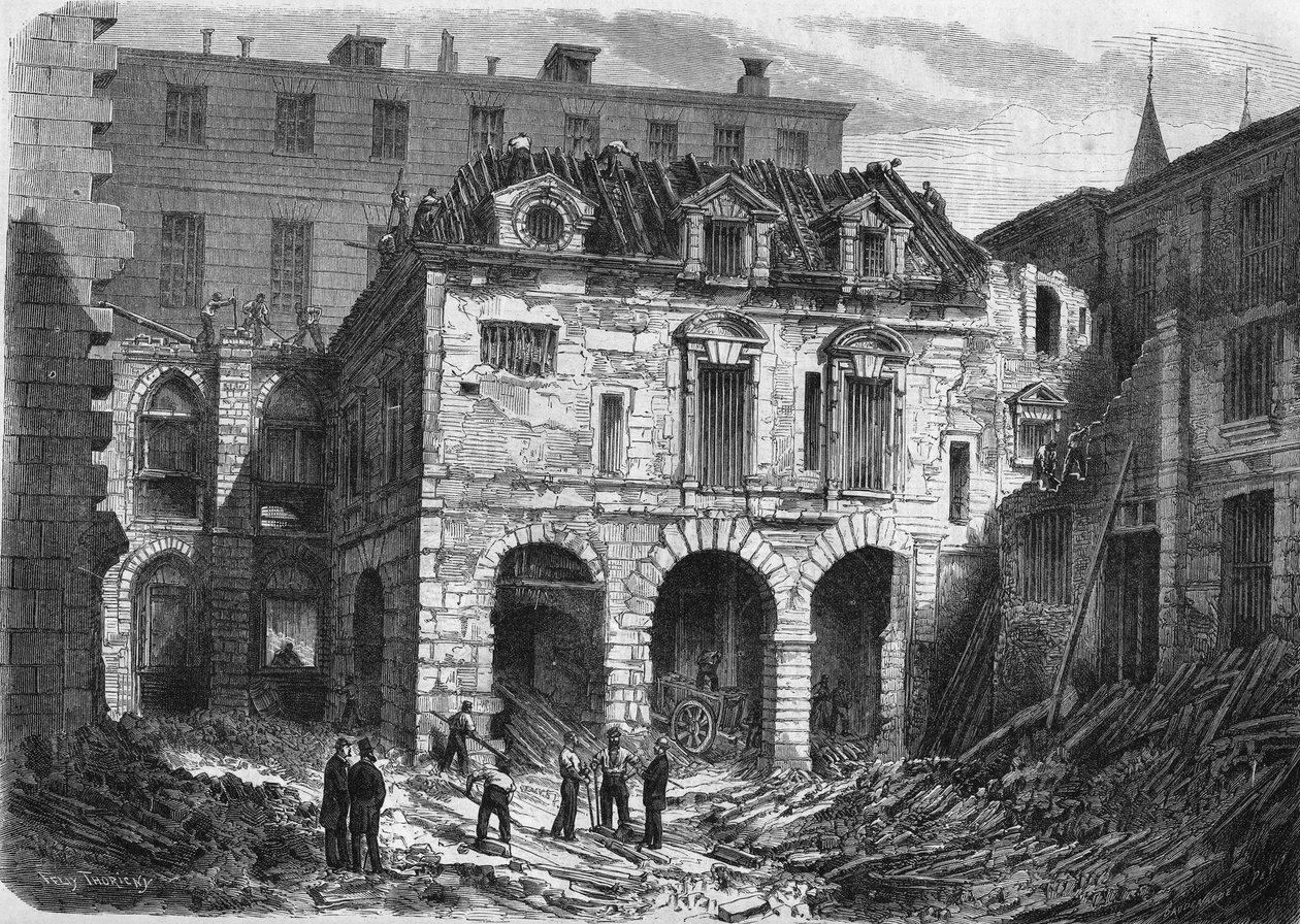 Proměny Paříže za Druhého císařství, Haussmannovská Paříž: demolice Cour Saint Martin v Palais de Justice (Conciergerie) na Ile de la Cite od French School