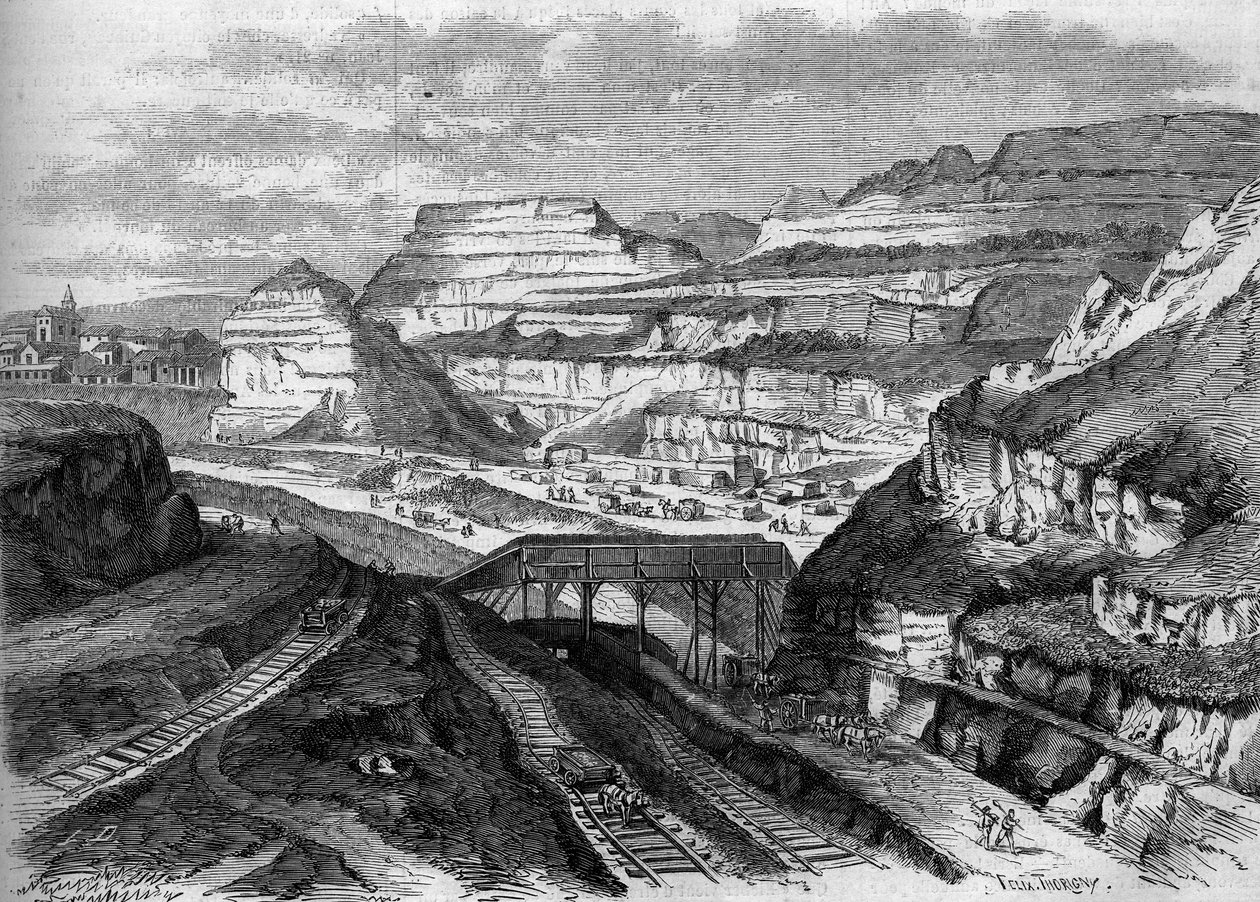 Proměny Paříže za Druhého císařství, Haussmannovská Paříž: přeměna v park sádrových lomů Buttes-Chaumont (Buttes Chaumont). Rytina v ""Le Monde Illustre"" č. 306 z 21. února 1863. od French School
