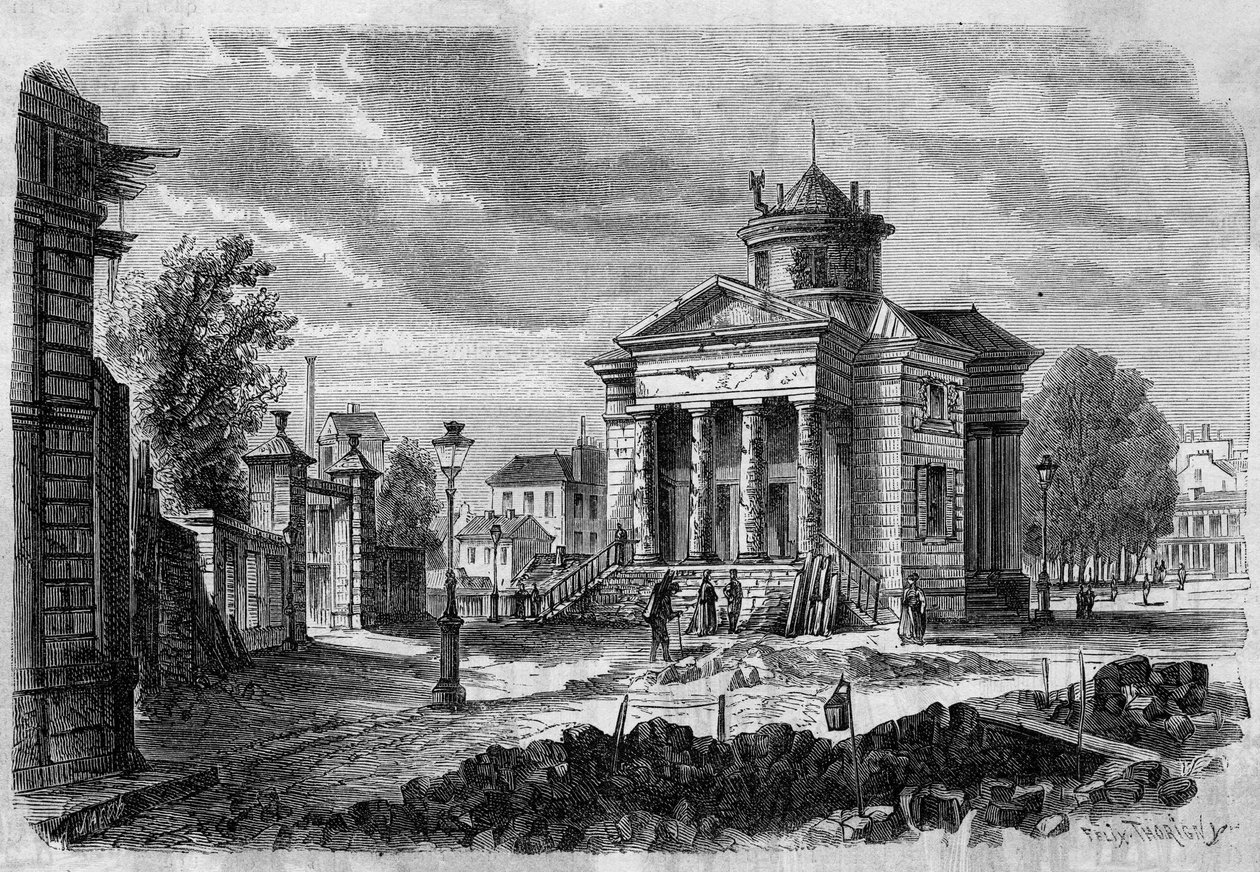 Proměny Paříže za Druhého císařství, Haussmannovská Paříž: pohled na Barriere du Combat a práce na rozšíření rue Magnan, 1868. Rytina v ""Le Monde Illustre"" č. 598 z 26. září 1868. od French School