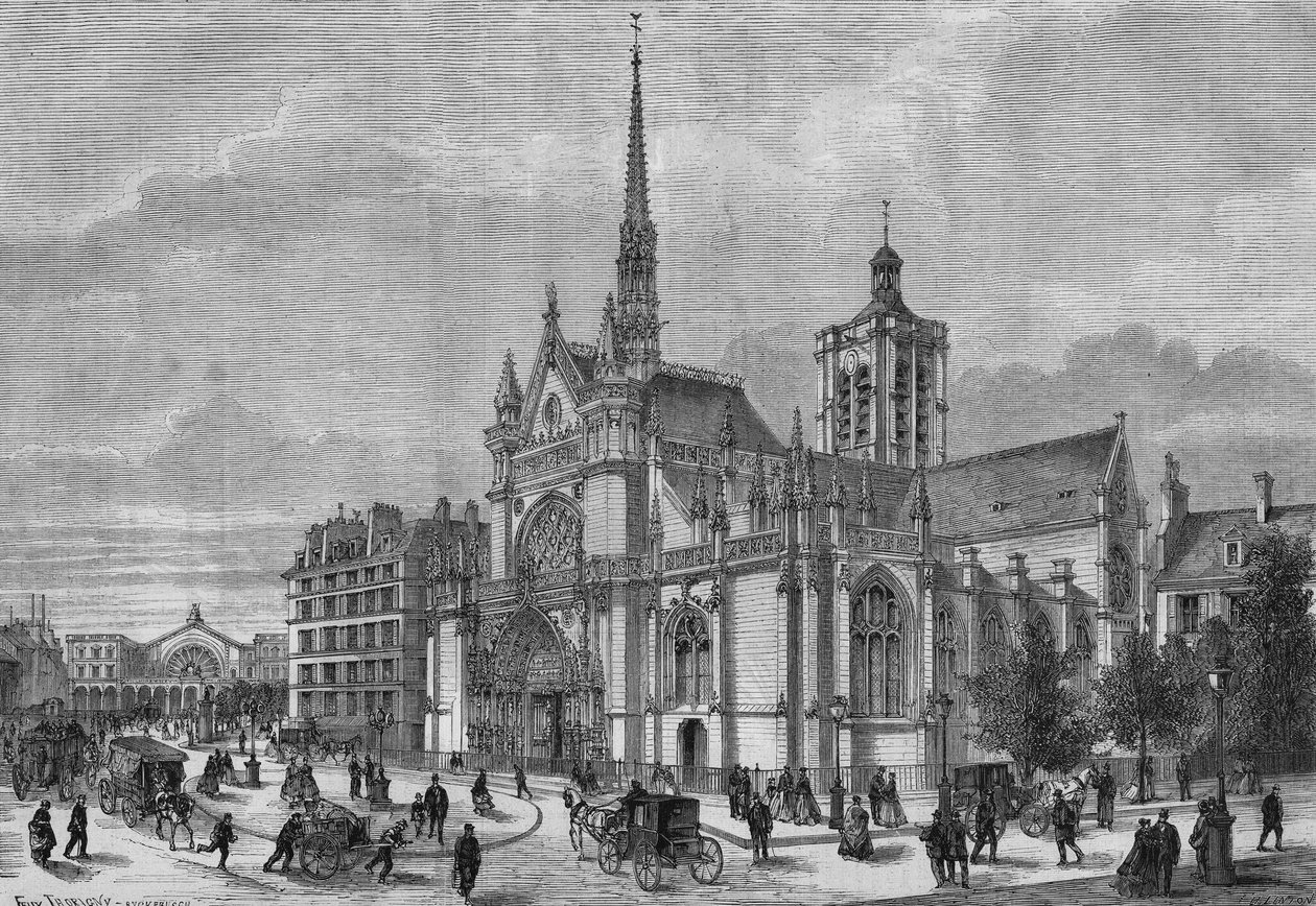Proměny Paříže za Druhého císařství, Haussmannovská Paříž: pohled na nové novogotické průčelí kostela Saint Laurent, boulevard de Strasbourg, restaurované architektem Simonem Claudem Constantem Dufeuxem (Constant-Dufeux) (1801-1870) od French School