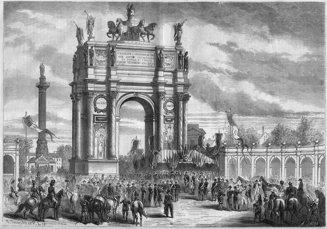 Proměny Paříže za Druhého císařství, Haussmann Paříž: Vítězný oblouk při inauguraci Boulevard du Prince Eugene (dnes Boulevard Voltaire) Napoleonem III. Rytina v „“ Le Monde Illustré““ č. 296 ze dne 13. prosince 1862. od French School