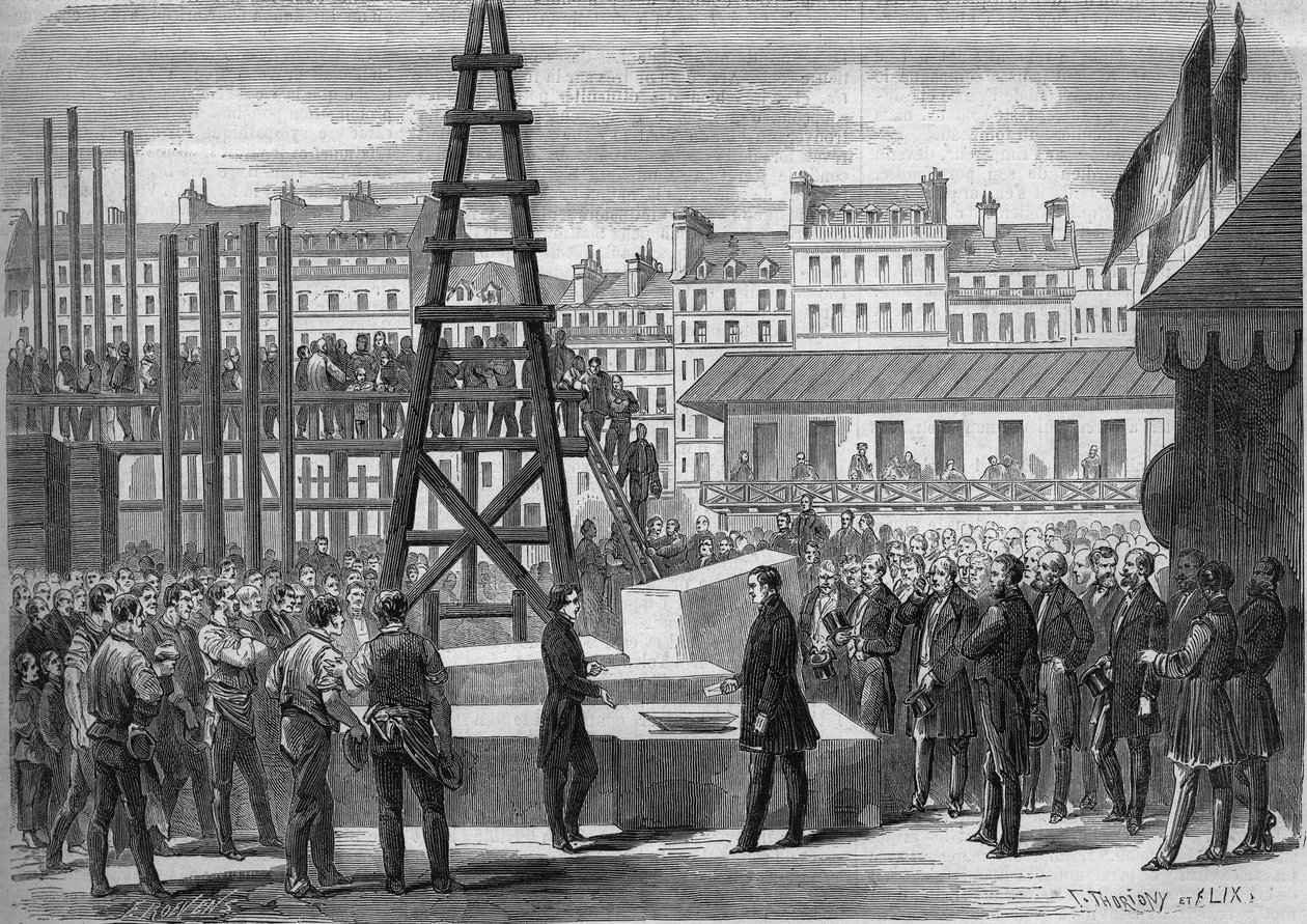 Proměny Paříže za Druhého císařství, Haussmann Paris: instalace premiéry opery Garnier státním ministrem Josephem Alexandrem Colonnou (1810-1868), hrabětem Walewskim, za přítomnosti architekta Charlese Garniera (1825-1898) od French School