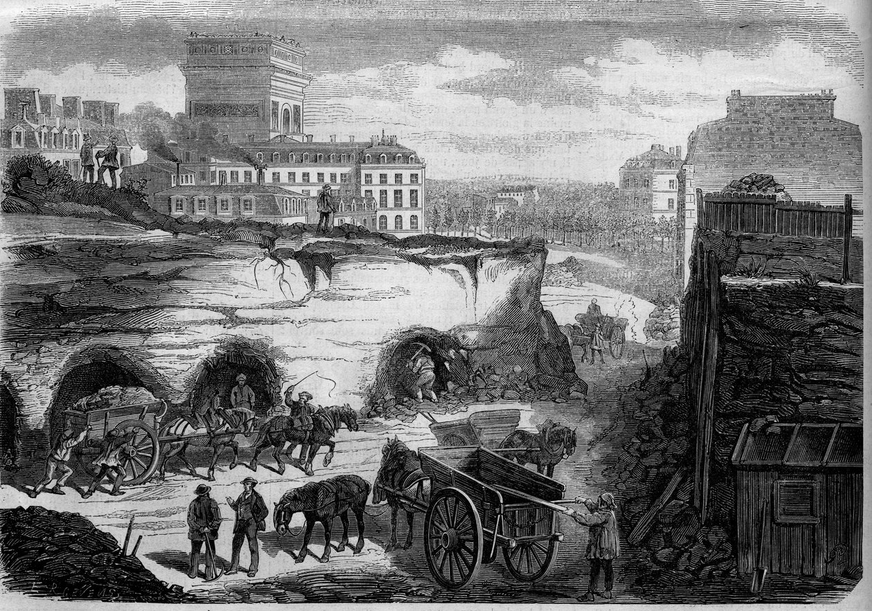 Proměny Paříže za druhé říše, Haussmann Paris: proražení bulváru du Roi de Rome (dnes avenue de Kleber). Rytina v „“ Le Monde Illustré““ č. 276 z 26. července 1862. od French School