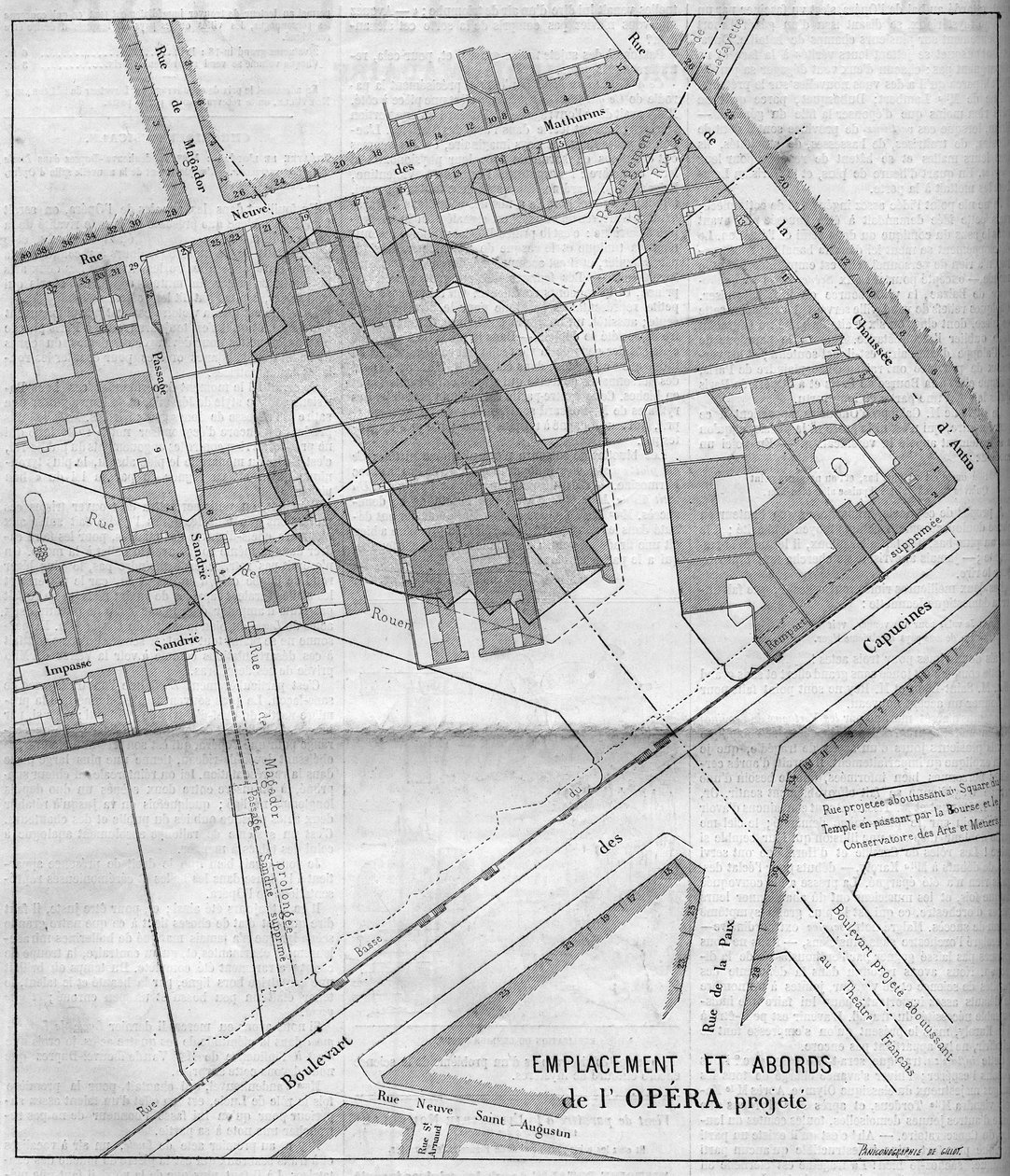 Proměny Paříže za Druhého císařství, Haussmann Paris: projektovaný plán opery Garnier v Paříži v roce 1860. Rytina v „“Le Monde Illustré““ č. 183 z 13. října 1860. od French School