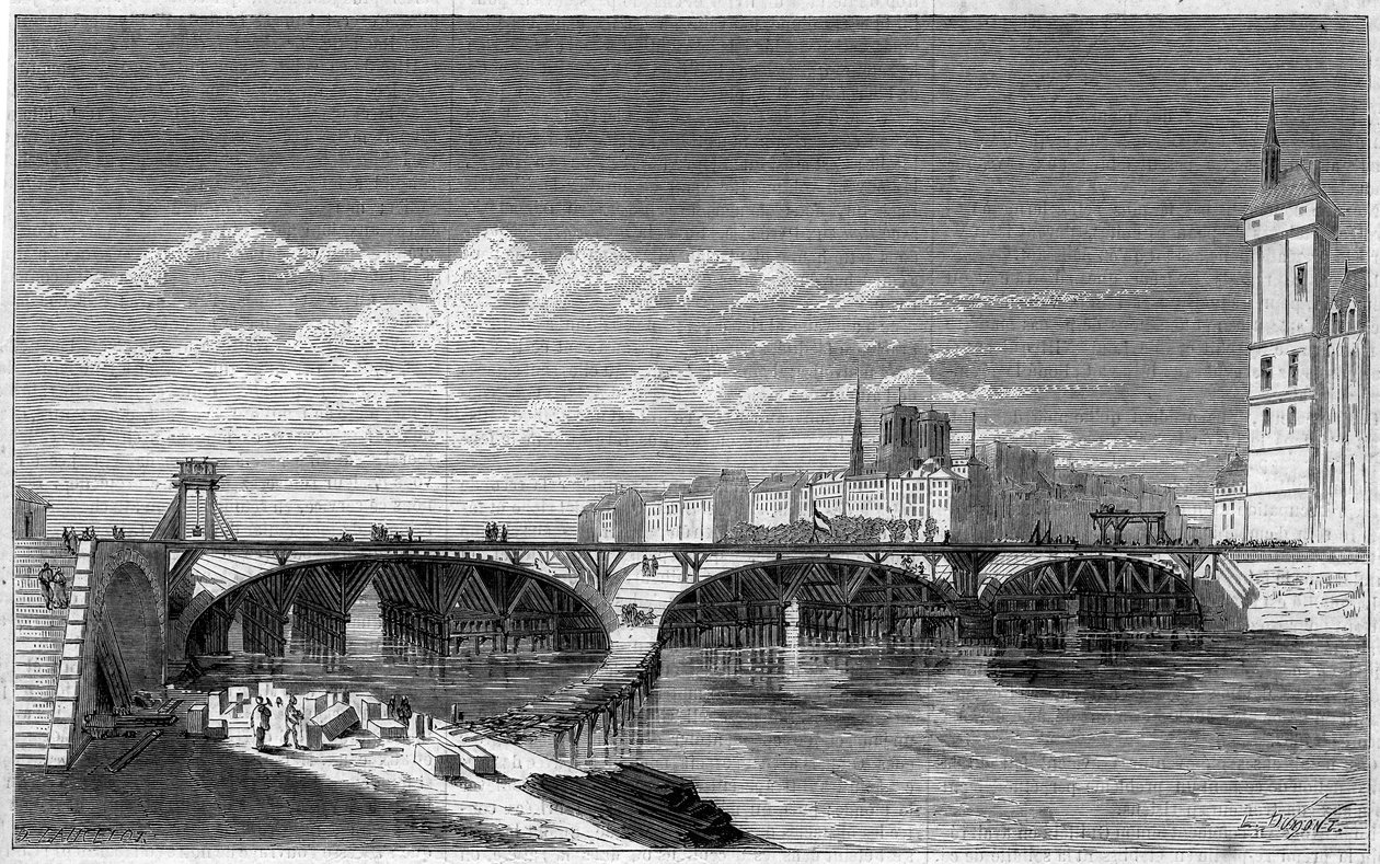 Proměny Paříže za Druhého císařství, Haussmann Paris: pohled na Pont au Change během jeho rekonstrukce. Rytina v „“ Le Monde Illustré““ č. 169 ze 7. července 1860. od French School