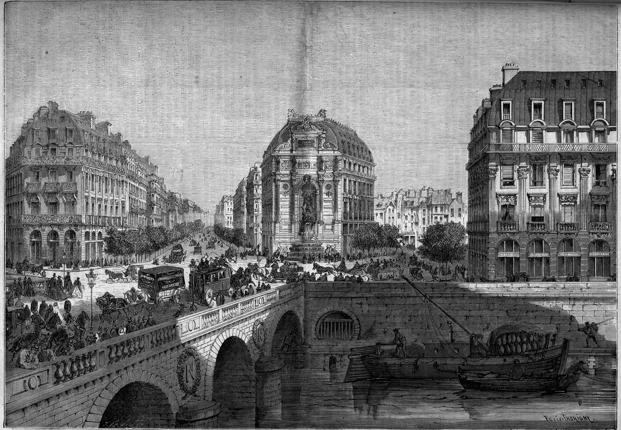 Proměny Paříže za druhé říše, Haussmann Paris: pohled na fontánu Saint Michel (1860) na Boulevard de Sebastopol. Rytina v „“ Le Monde Illustré““ č. 175 z 18. srpna 1860. od French School