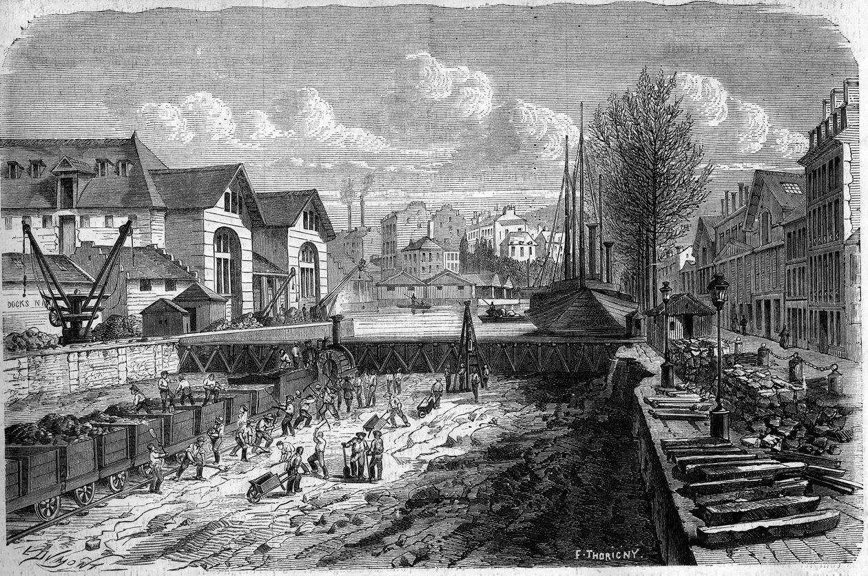 Proměny Paříže za Druhého císařství, Haussmann Paris: práce provedené za účelem snížení hladiny vodního útvaru Canal Saint Martin. Rytina v „“ Le Monde Illustré““ č. 143 ze 7. ledna 1860. od French School