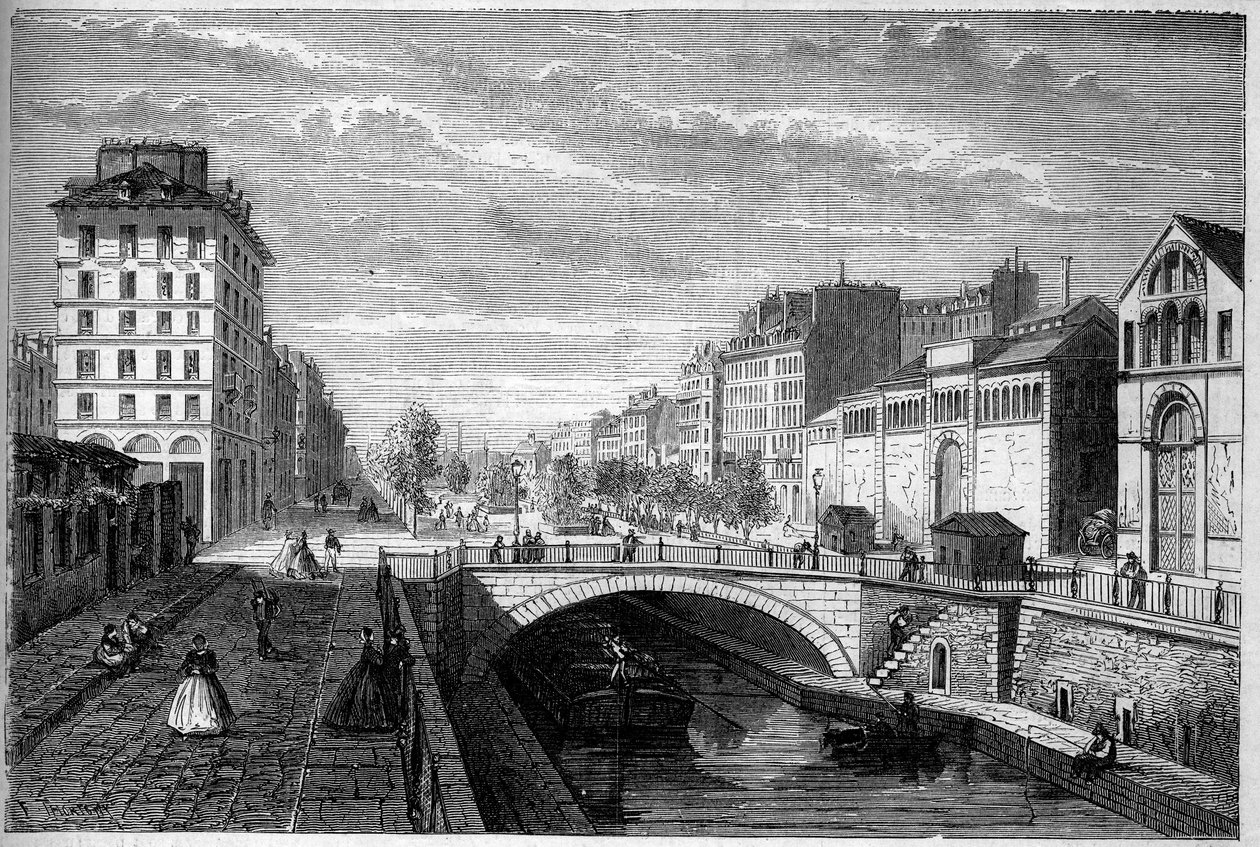Proměny Paříže za Druhého císařství, Haussmannovská Paříž: pohled na bulvár Richard Lenoir založený na klenbě Canal Saint Martin. Rytina v „“ Le Monde Illustré““ č. 233 z 28. září od French School