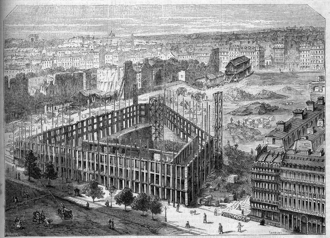 Proměny Paříže za Druhého císařství, Paris Haussmann: stavba Hotel de la Paix a pohled na umístění budoucí Opery Garnier, mezi ulicemi Neuve des Mathurins, Chaussee d