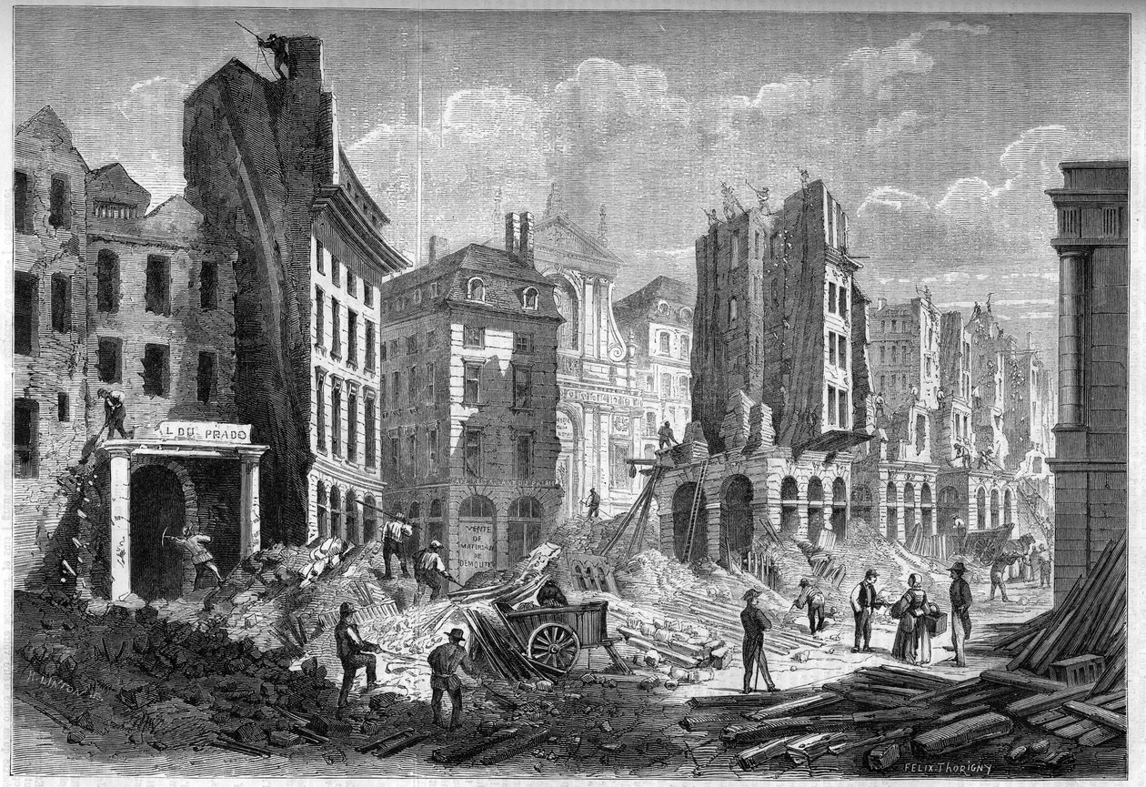 Proměny Paříže za Druhého císařství, Paris Haussmann: demolice Rue de la Barillerie pro proražení bulváru Sebastopol. Rytina v „“ Le Monde Illustré““ č. 126 z 10. září 1859. od French School