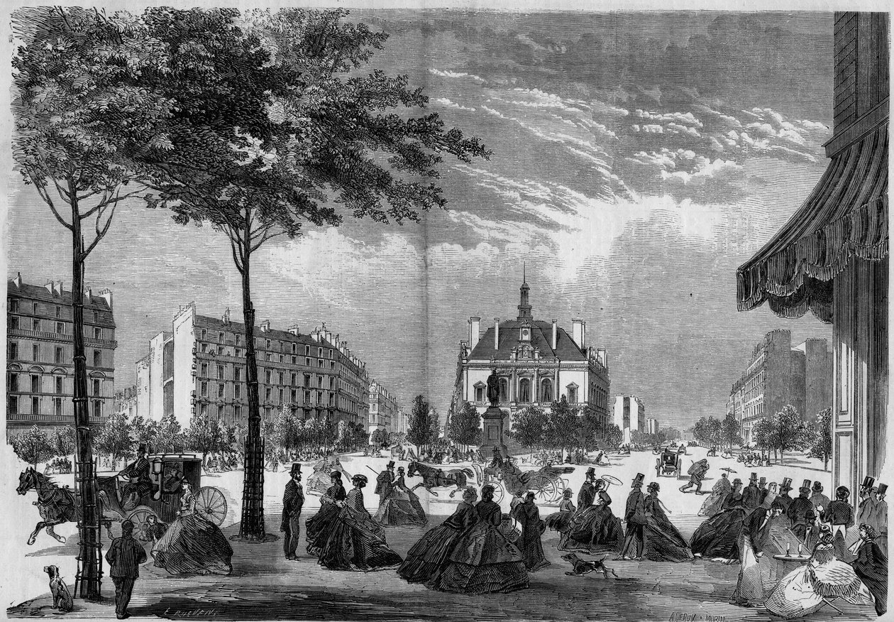 Proměny Paříže za Druhého císařství, Paris Haussmann: nová radnice obvodu XI v Paříži. (Můžete vidět Voltaire Boulevard a Parmentier Avenue). Gravitace z roku 1865. od French School