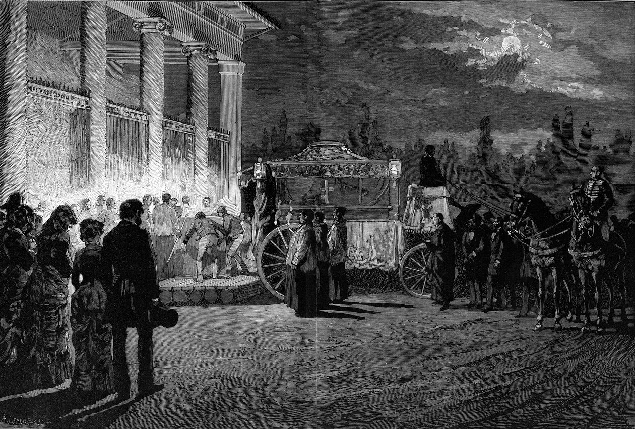 Překlad popela papeže Pia IX. (1792-1878): příchod průvodu do kostela sv. Vavřince v Římě dne 12. července 1881. Rytina od Pelicera v „“ Le Monde Illustré““ č. 1271 ze 6. srpna 1881 . od French School