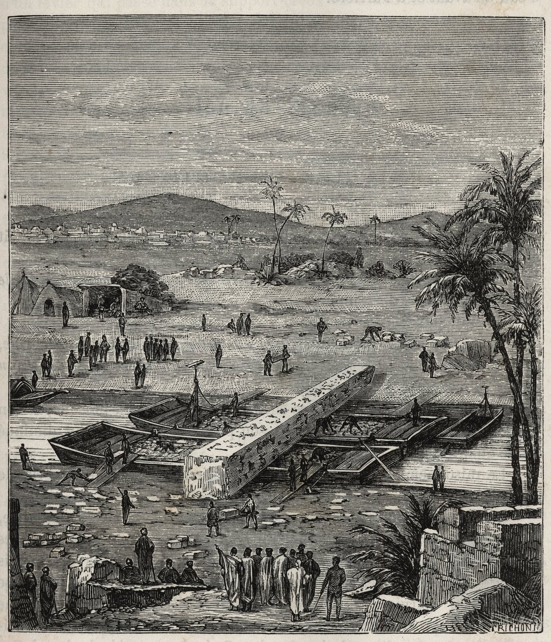 Přeprava obelisku Ptolemee Philadelpha (Ptolemaios Philadelphos) (Ptolemae II) po Nilu do Alexandrie - rytina do „“ Vědy dostupné všem – Populární fyzika a chemie““ od Alexise Clerca – Konec 19. století – Soukromá sbírka od French School