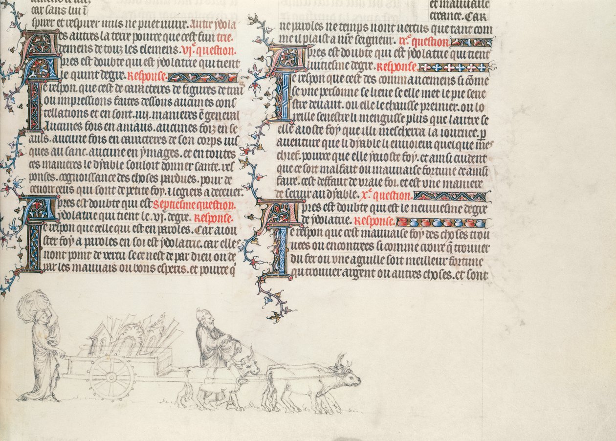 Přeprava věcí na vozíku taženém voly, nedokončená miniatura z Bible Jean de Sy, kolem roku 1355 od French School