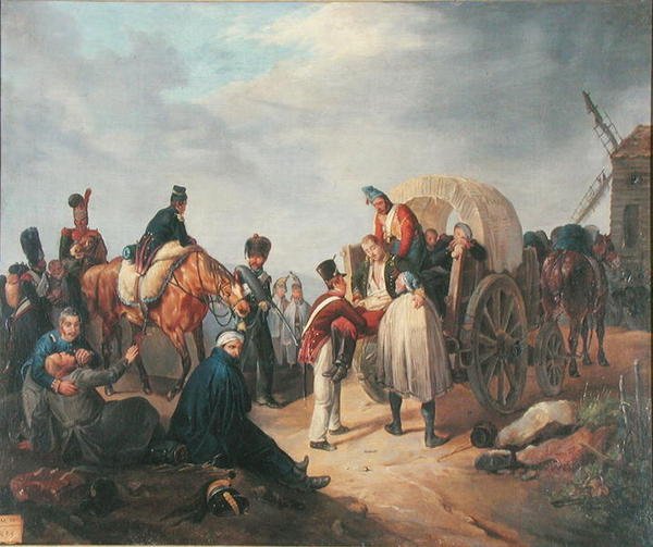 Přeprava zraněných vozíkem (olej na plátně) od French School