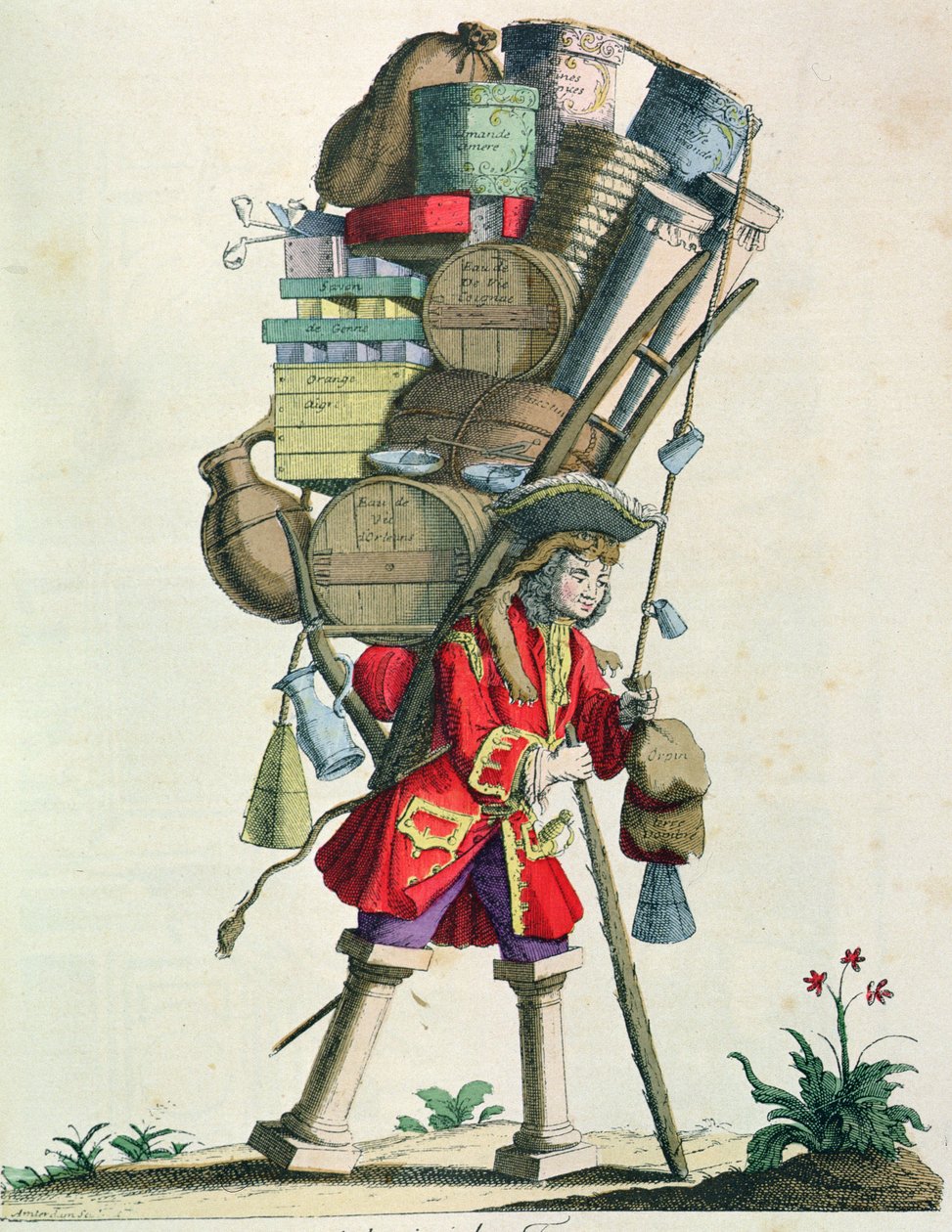 Travelling Spice, Liquor and Remedy Seller v roce 1721, z Costumes de Paris a Travers les Siecles, vydáno 1887 (barevná rytina) od French School