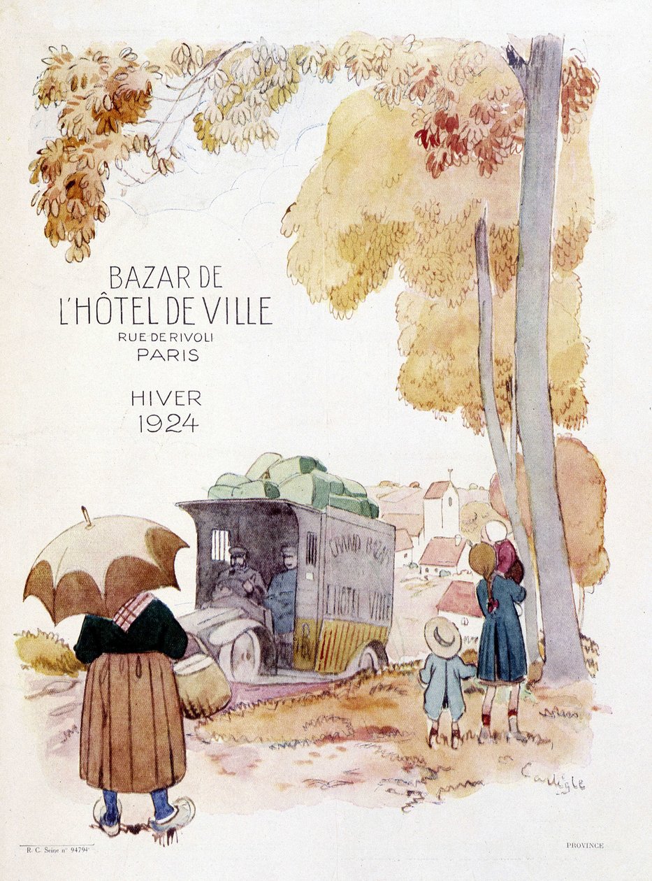 Obchodní cestující v zemi. Reklamní plakát z roku 1924 pro Bazar de l
