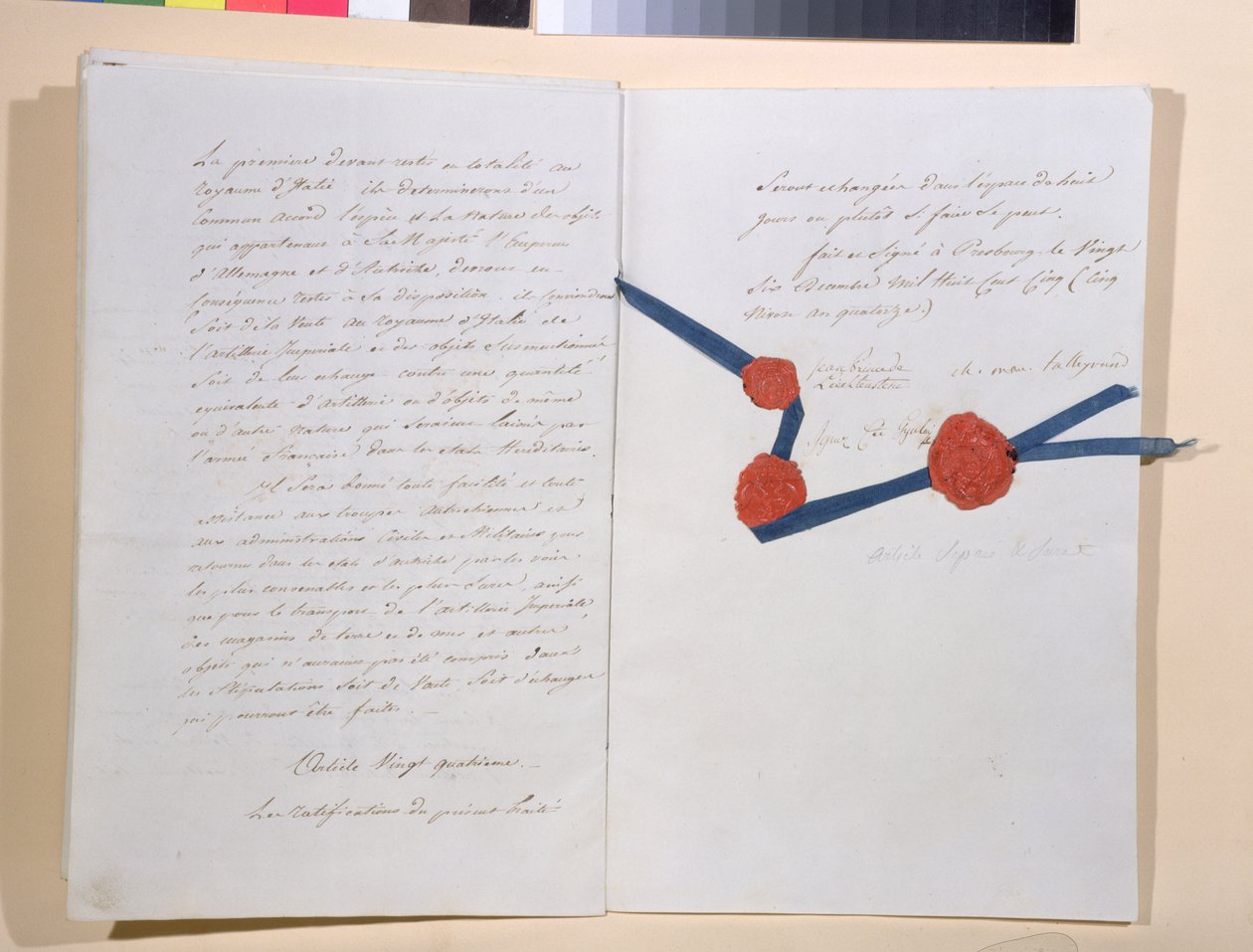 Smlouva mezi Napoleonem I. (1769-1821) a císařem Františkem II. (1768-1835), podepsaná v Presburgu 26. prosince 1805 (pero a inkoust na papíře) od French School